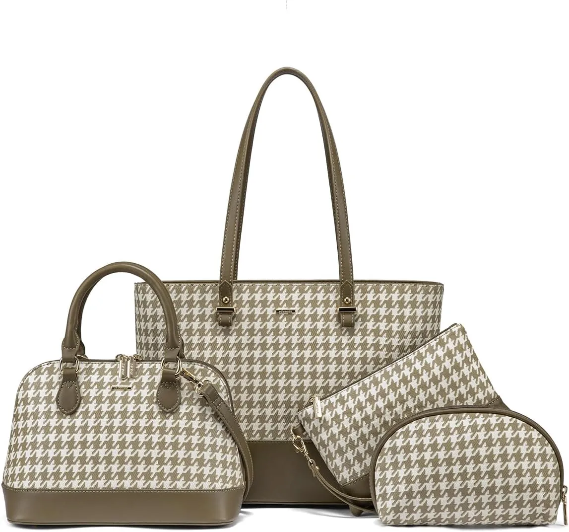 LOVEVOOK Handbags for Women 4pcs Purse Set Fashion Houndstooth Tote Shoulder Bag Top Handle Satchel