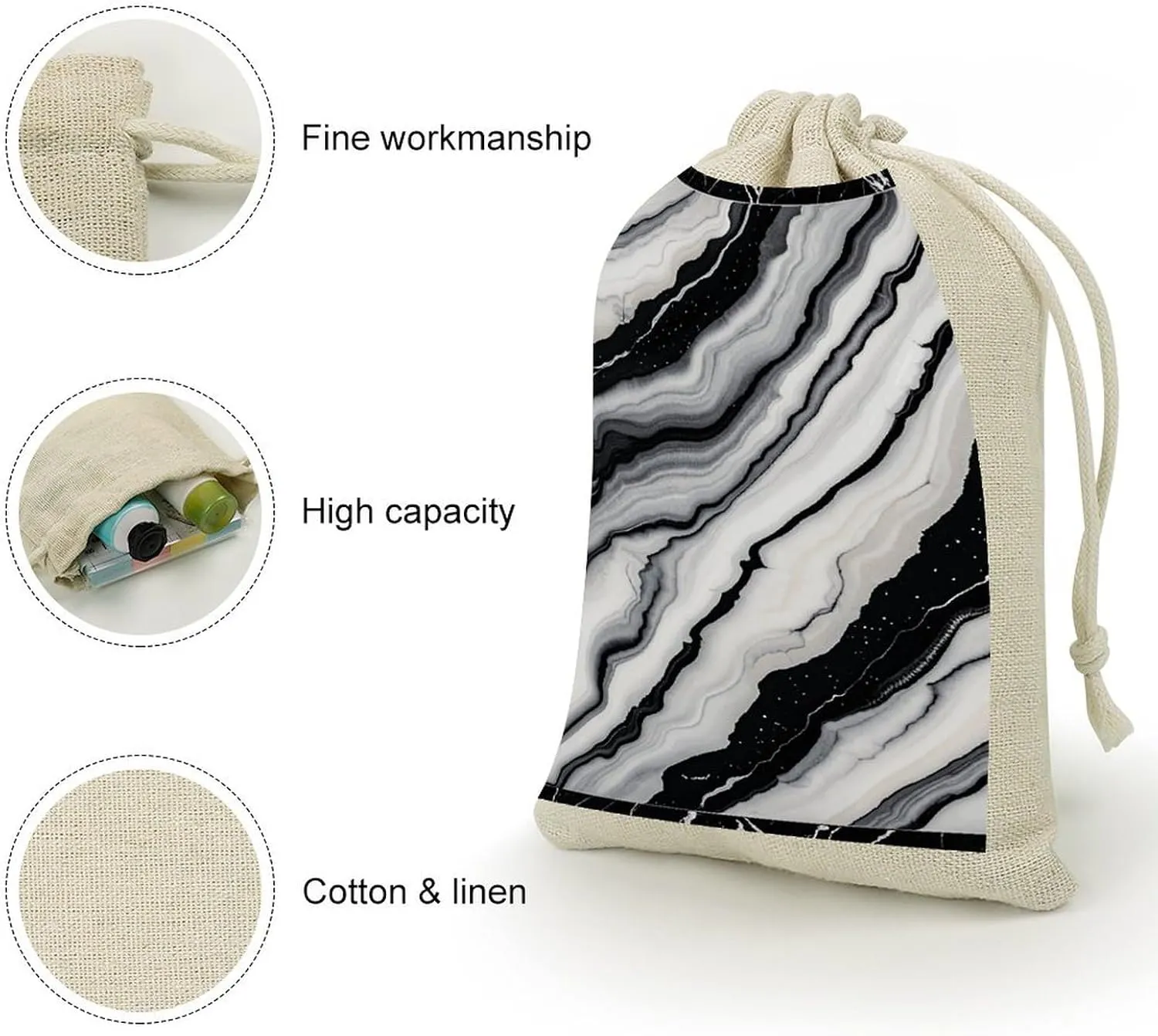 LPSADGF 8 PCS Black White Marble Drawstring Gift Bags Reusable Cotton Linen Storage Pouches for Christmas, Weddings, Parties, Favors 4.9"x6.7" Small Burlap Bags