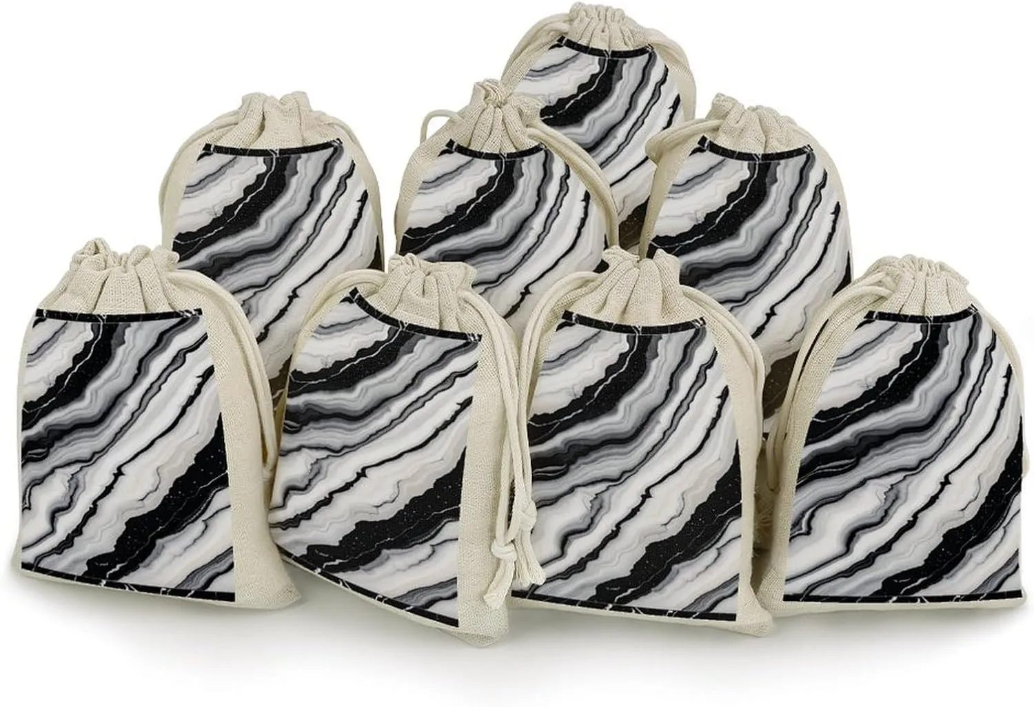 LPSADGF 8 PCS Black White Marble Drawstring Gift Bags Reusable Cotton Linen Storage Pouches for Christmas, Weddings, Parties, Favors 4.9"x6.7" Small Burlap Bags