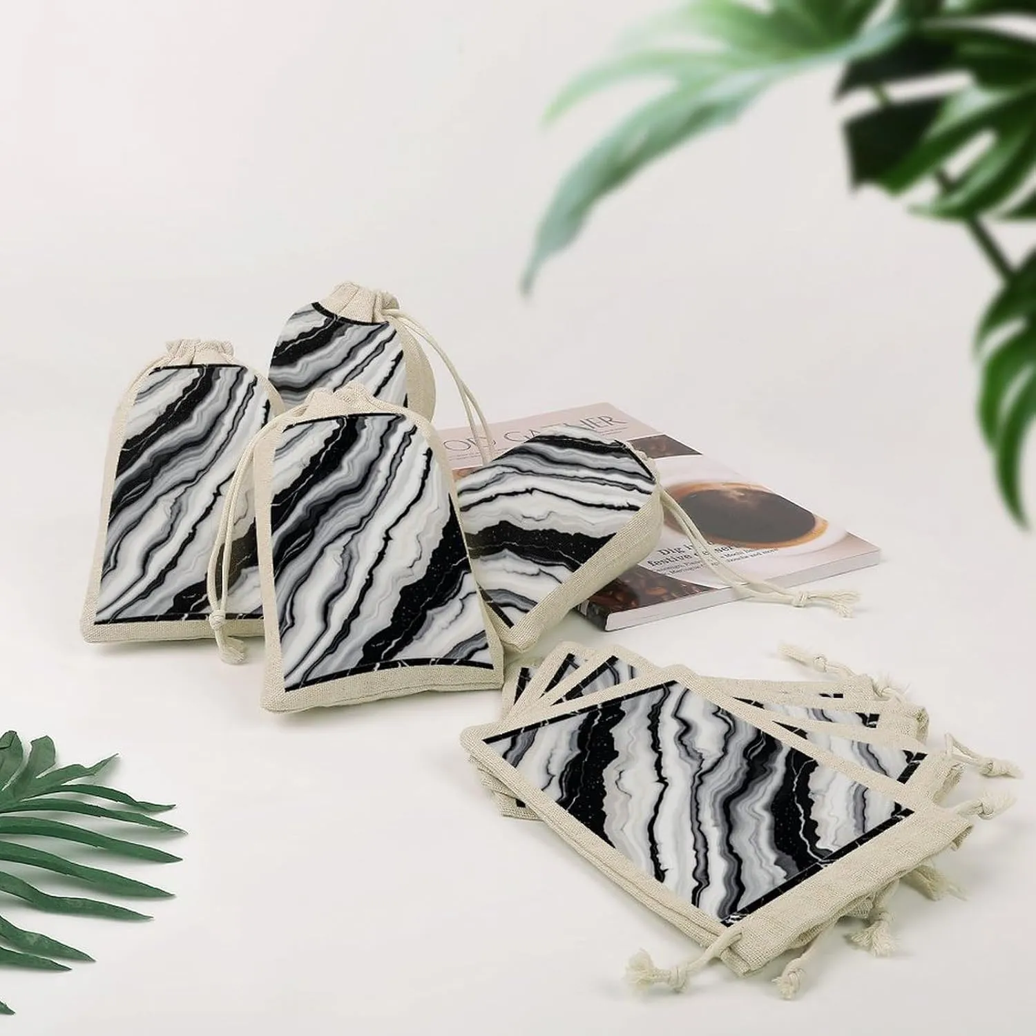 LPSADGF 8 PCS Black White Marble Drawstring Gift Bags Reusable Cotton Linen Storage Pouches for Christmas, Weddings, Parties, Favors 4.9"x6.7" Small Burlap Bags