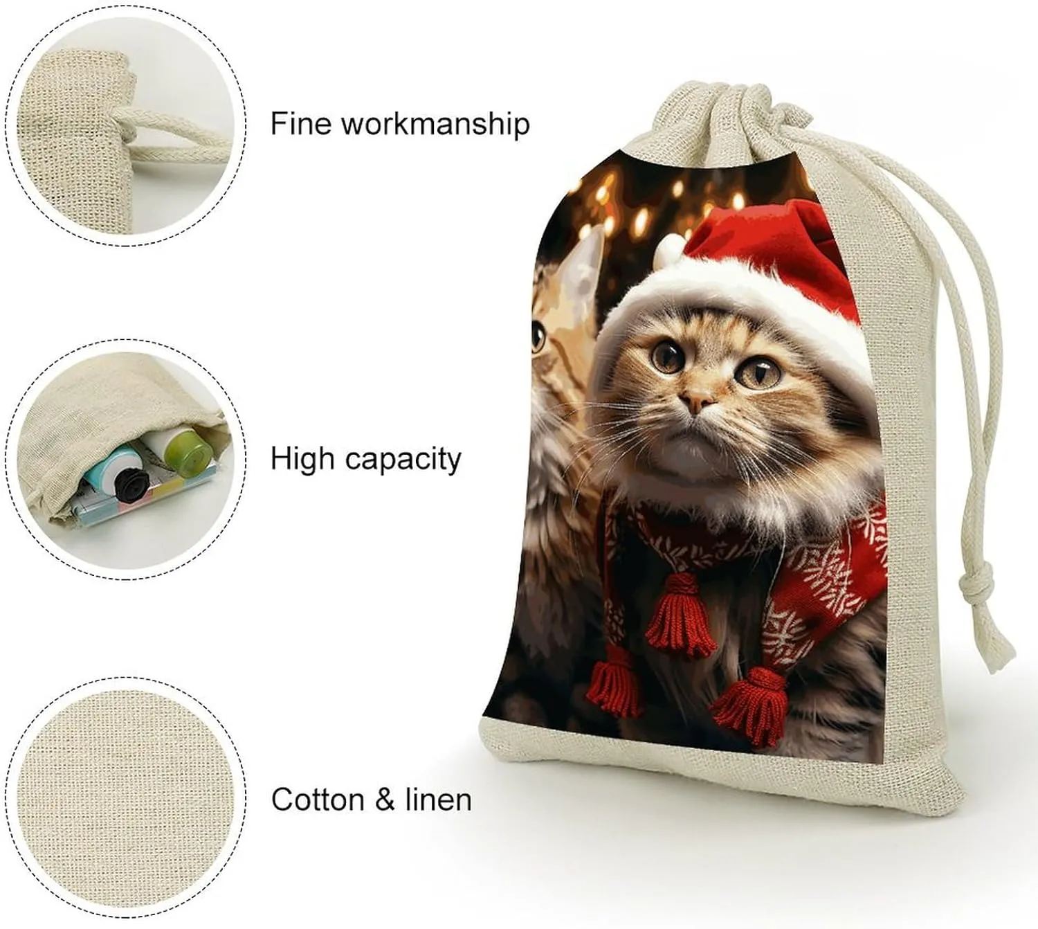 LPSADGF 8 PCS Christmas Cat Drawstring Gift Bags Reusable Cotton Linen Storage Pouches for Christmas, Weddings, Parties, Favors 4.9"x6.7" Small Burlap Bags