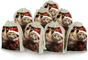 LPSADGF 8 PCS Christmas Cat Drawstring Gift Bags Reusable Cotton Linen Storage Pouches for Christmas, Weddings, Parties, Favors 4.9"x6.7" Small Burlap Bags
