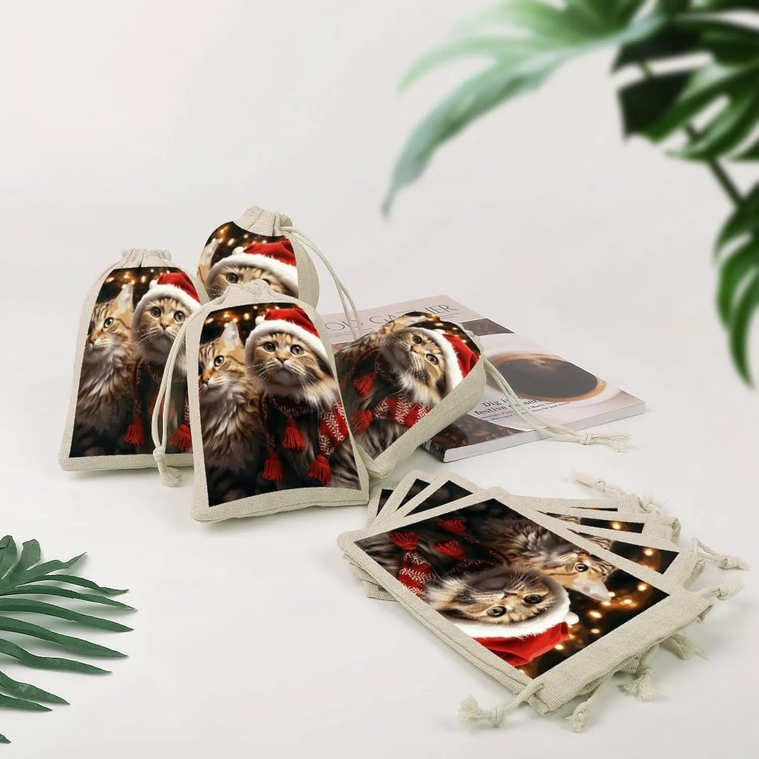 LPSADGF 8 PCS Christmas Cat Drawstring Gift Bags Reusable Cotton Linen Storage Pouches for Christmas, Weddings, Parties, Favors 4.9"x6.7" Small Burlap Bags