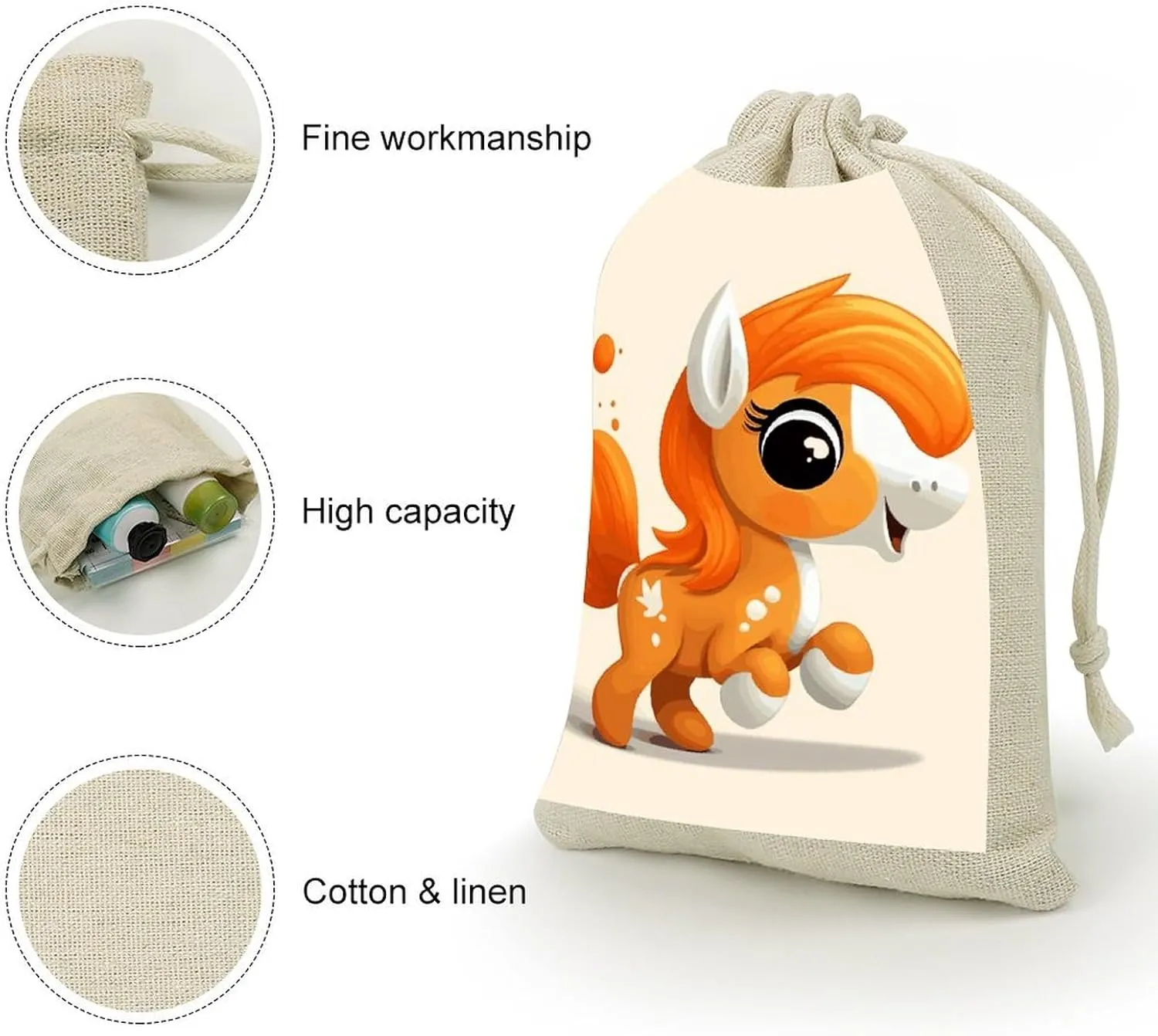 LPSADGF 8 PCS Cute Orange Pony Drawstring Gift Bags Reusable Cotton Linen Storage Pouches for Christmas, Weddings, Parties, Favors 4.9"x6.7" Small Burlap Bags