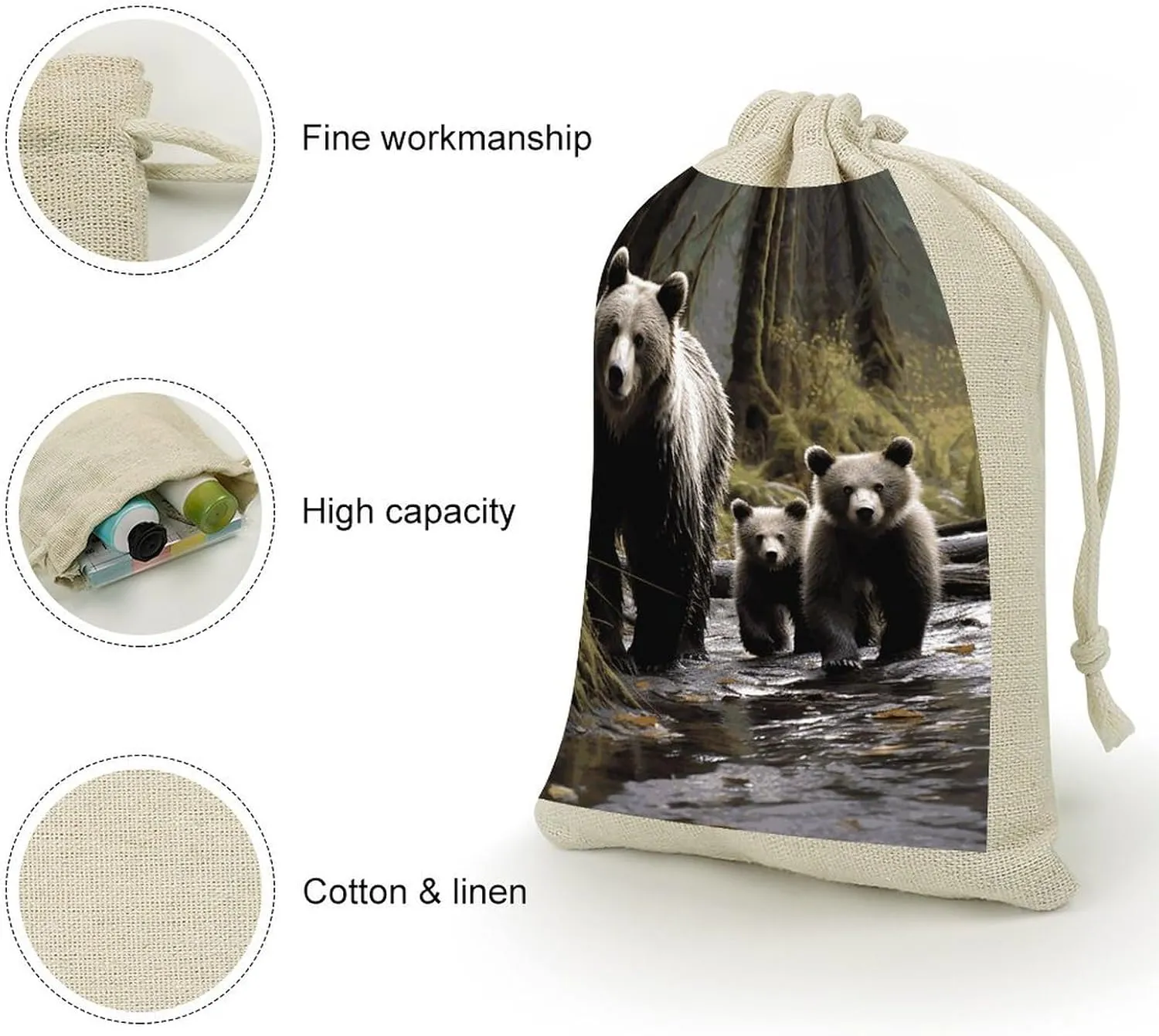 LPSADGF 8 PCS Mother Bear And Her Drawstring Gift Bags Reusable Cotton Linen Storage Pouches for Christmas, Weddings, Parties, Favors 4.9"x6.7" Small Burlap Bags