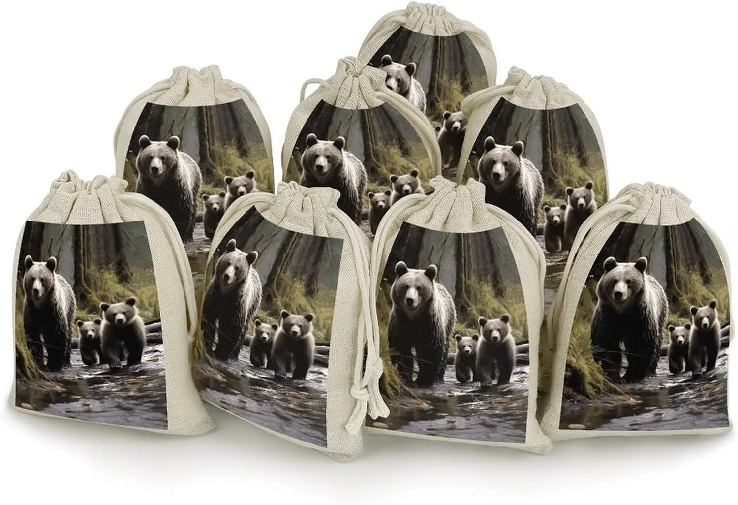 LPSADGF 8 PCS Mother Bear And Her Drawstring Gift Bags Reusable Cotton Linen Storage Pouches for Christmas, Weddings, Parties, Favors 4.9"x6.7" Small Burlap Bags
