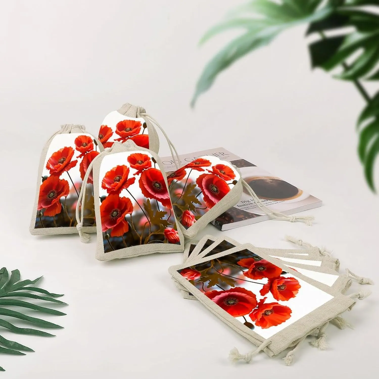 LPSADGF 8 PCS Poppy Flowers Vivid Petals Drawstring Gift Bags Reusable Cotton Linen Storage Pouches for Christmas, Weddings, Parties, Favors 4.9"x6.7" Small Burlap Bags