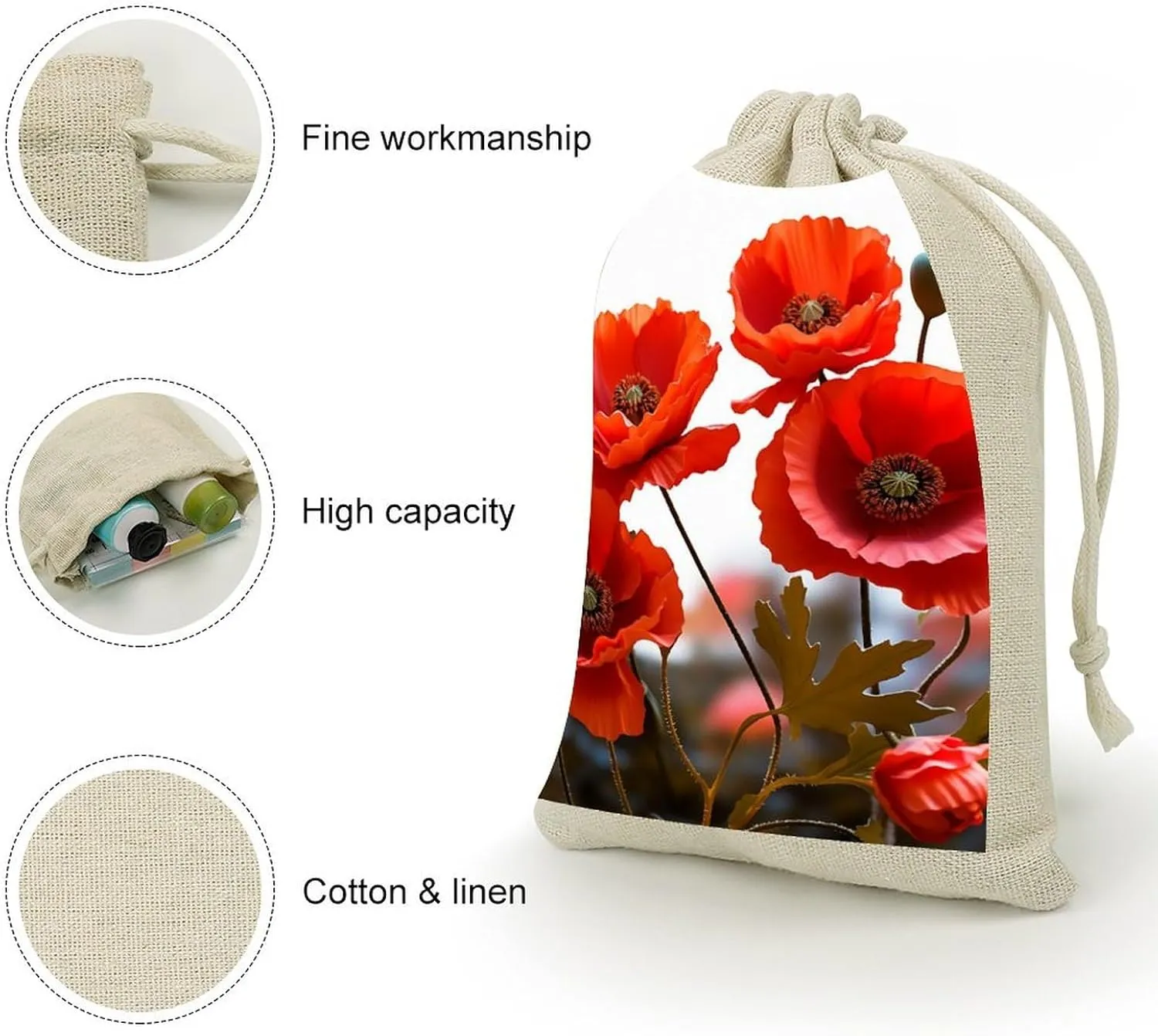 LPSADGF 8 PCS Poppy Flowers Vivid Petals Drawstring Gift Bags Reusable Cotton Linen Storage Pouches for Christmas, Weddings, Parties, Favors 4.9"x6.7" Small Burlap Bags