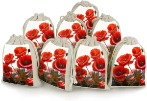 LPSADGF 8 PCS Poppy Flowers Vivid Petals Drawstring Gift Bags Reusable Cotton Linen Storage Pouches for Christmas, Weddings, Parties, Favors 4.9"x6.7" Small Burlap Bags