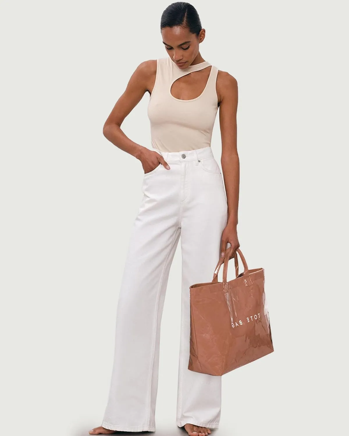 Lushandy PVC Tote Bag Women's Letters Print Large Kraft Paper Carry All Bag Top Handle Clear Hobo Handbag