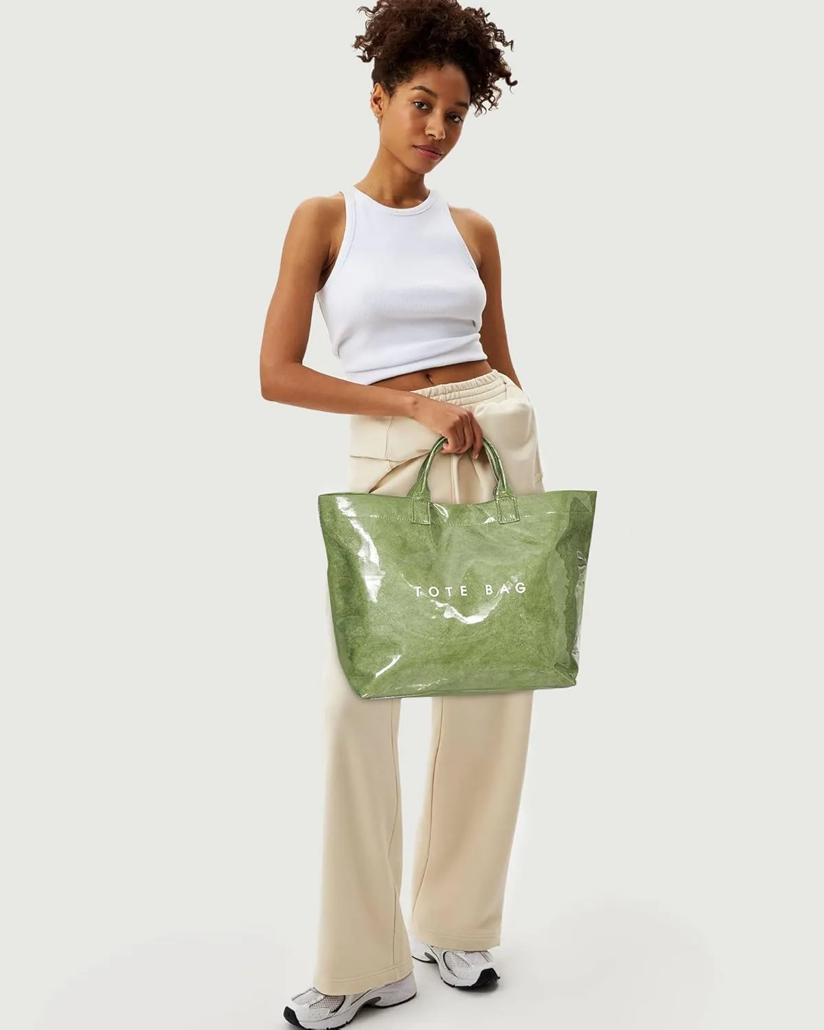 Lushandy PVC Tote Bag Women's Letters Print Large Kraft Paper Carry All Bag Top Handle Clear Hobo Handbag