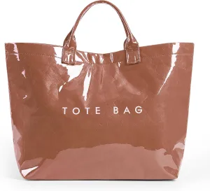 Lushandy PVC Tote Bag Women's Letters Print Large Kraft Paper Carry All Bag Top Handle Clear Hobo Handbag