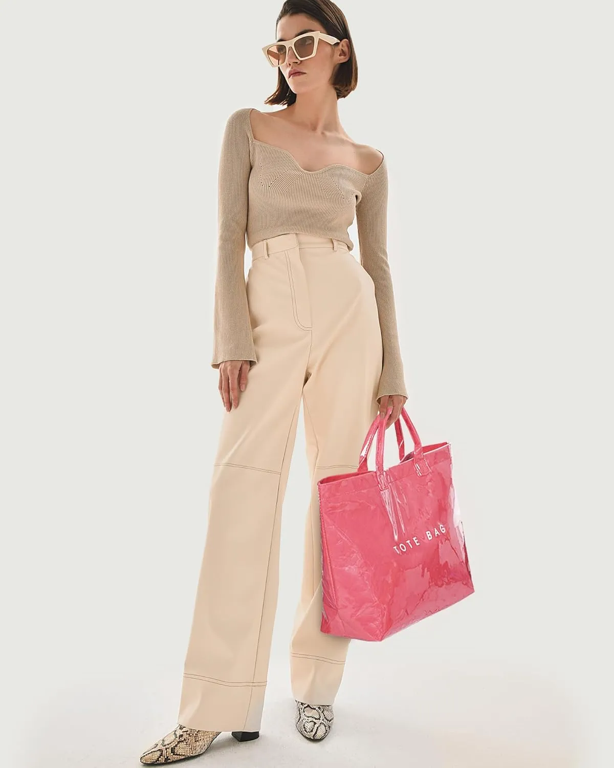 Lushandy PVC Tote Bag Women's Letters Print Large Kraft Paper Carry All Bag Top Handle Clear Hobo Handbag