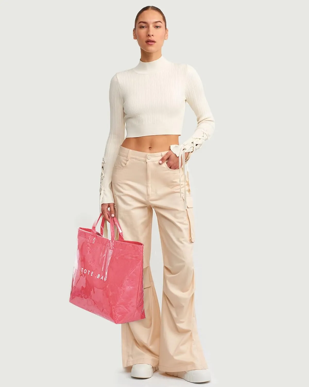 Lushandy PVC Tote Bag Women's Letters Print Large Kraft Paper Carry All Bag Top Handle Clear Hobo Handbag