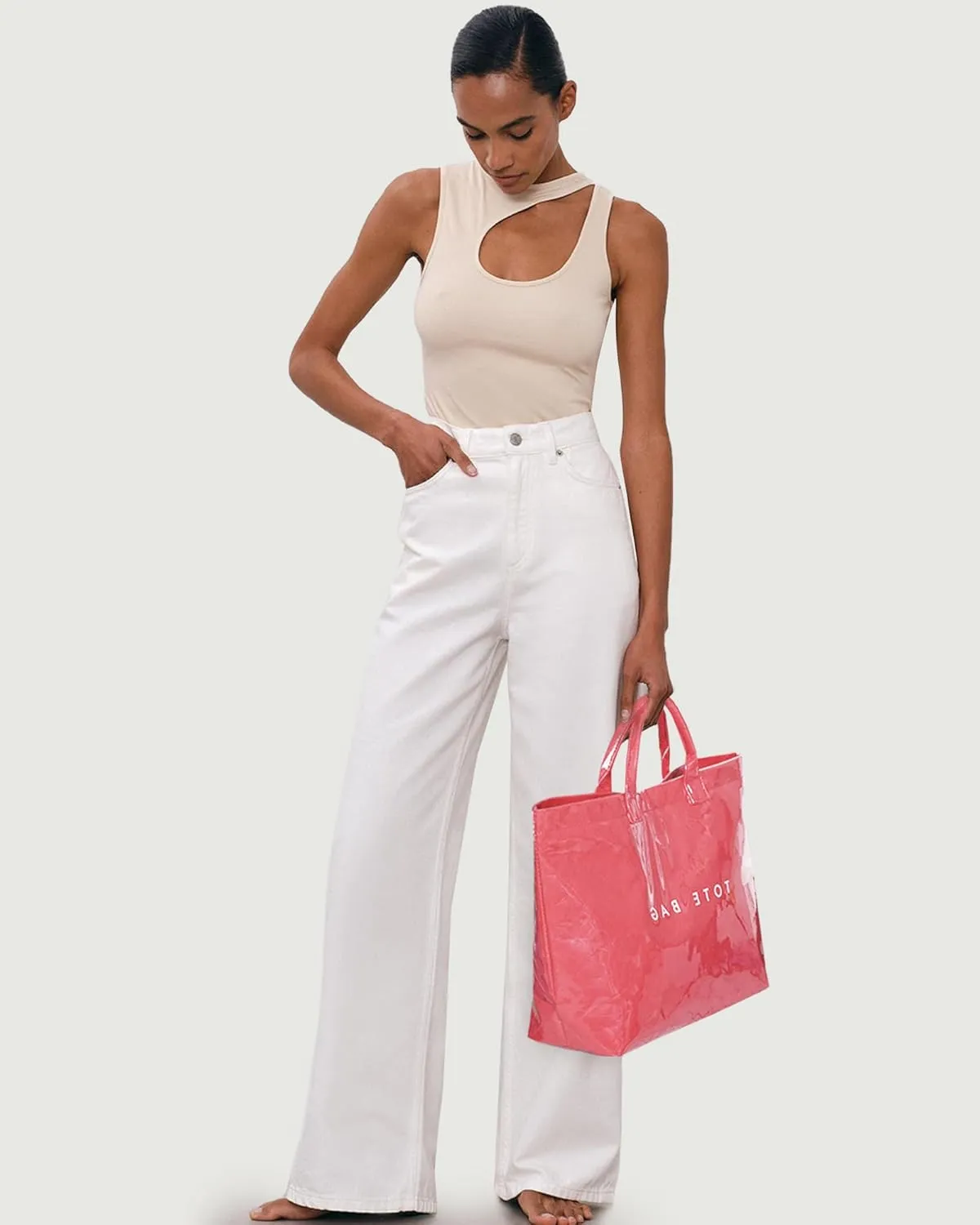 Lushandy PVC Tote Bag Women's Letters Print Large Kraft Paper Carry All Bag Top Handle Clear Hobo Handbag