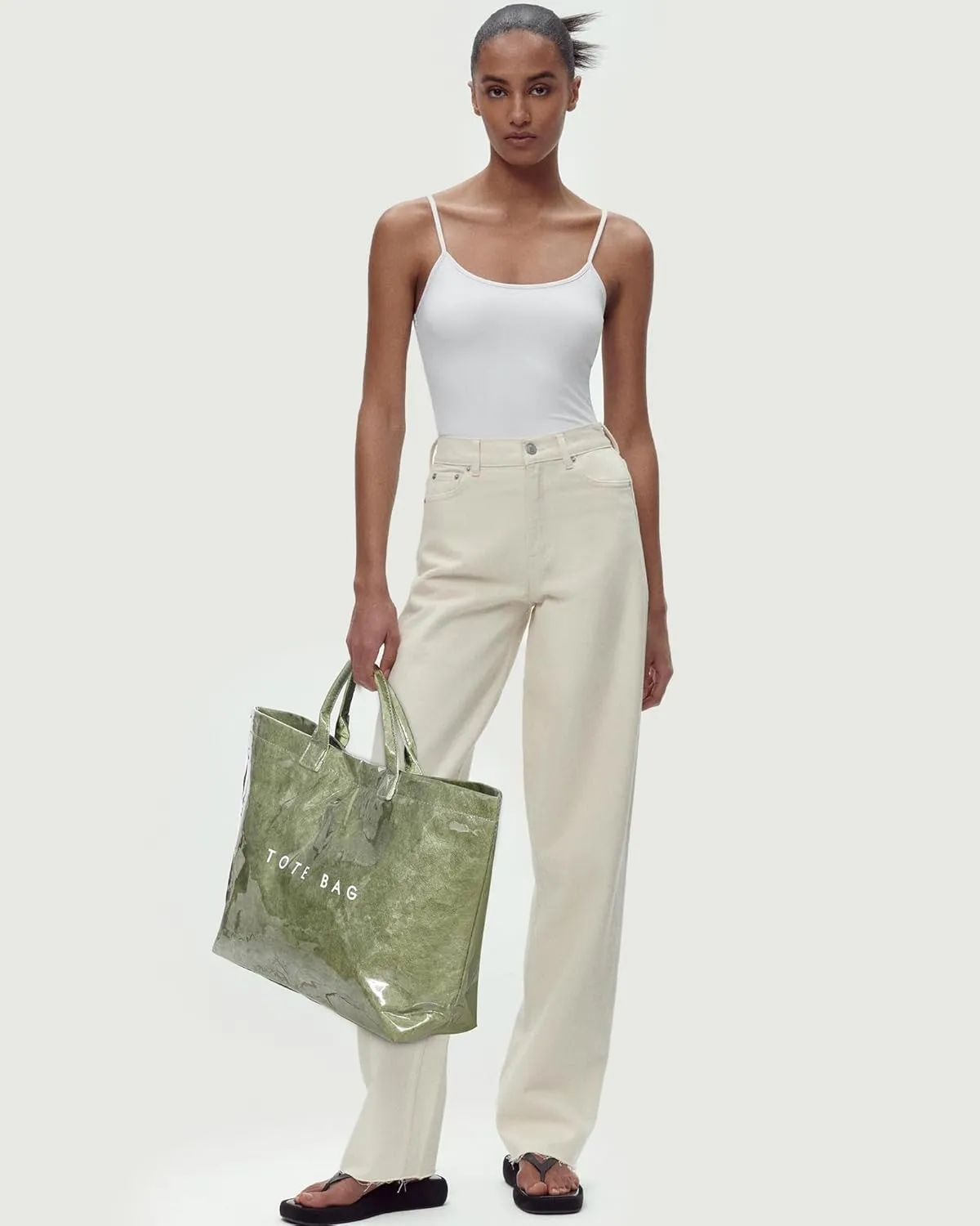 Lushandy PVC Tote Bag Women's Letters Print Large Kraft Paper Carry All Bag Top Handle Clear Hobo Handbag