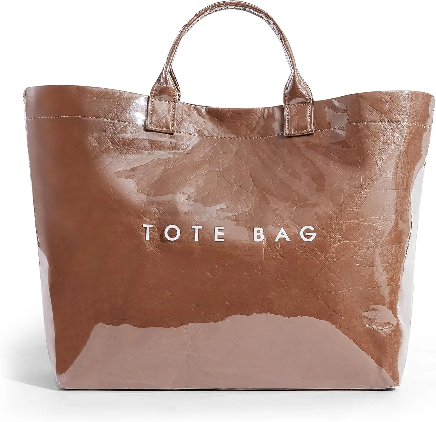Lushandy PVC Tote Bag Women's Letters Print Large Kraft Paper Carry All Bag Top Handle Clear Hobo Handbag