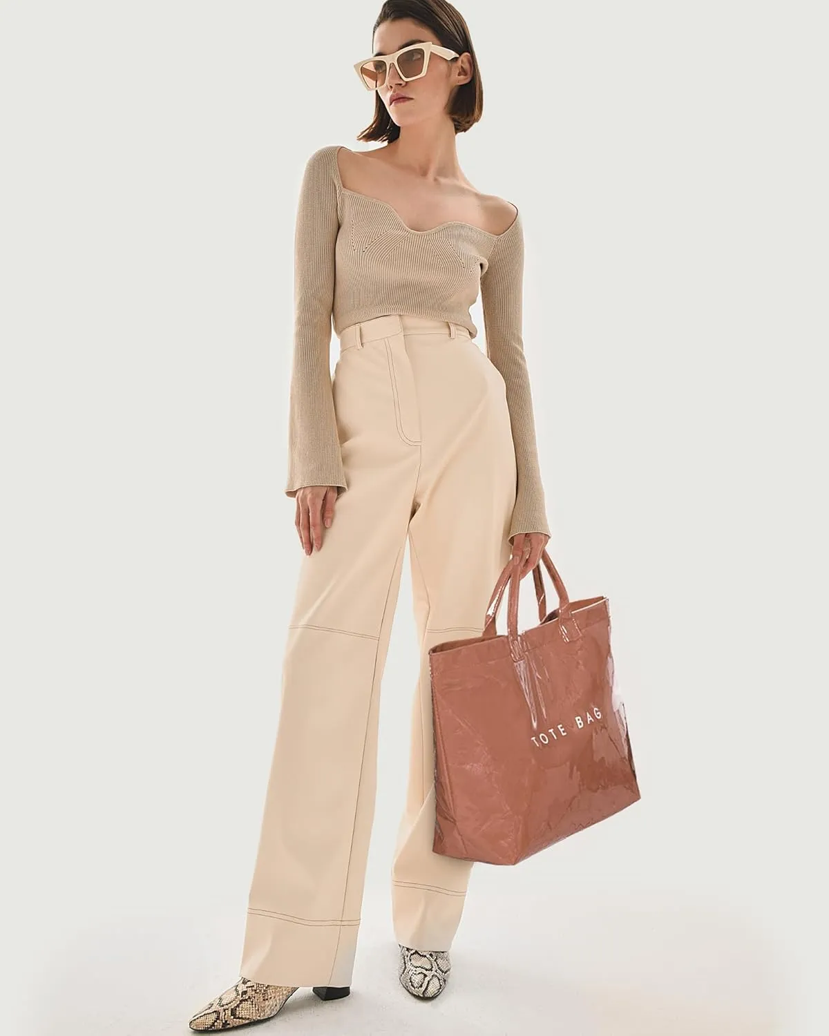 Lushandy PVC Tote Bag Women's Letters Print Large Kraft Paper Carry All Bag Top Handle Clear Hobo Handbag