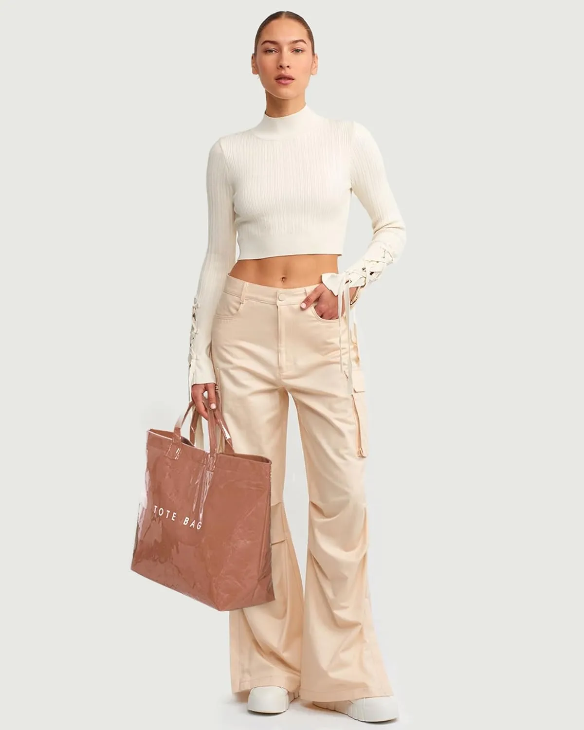 Lushandy PVC Tote Bag Women's Letters Print Large Kraft Paper Carry All Bag Top Handle Clear Hobo Handbag