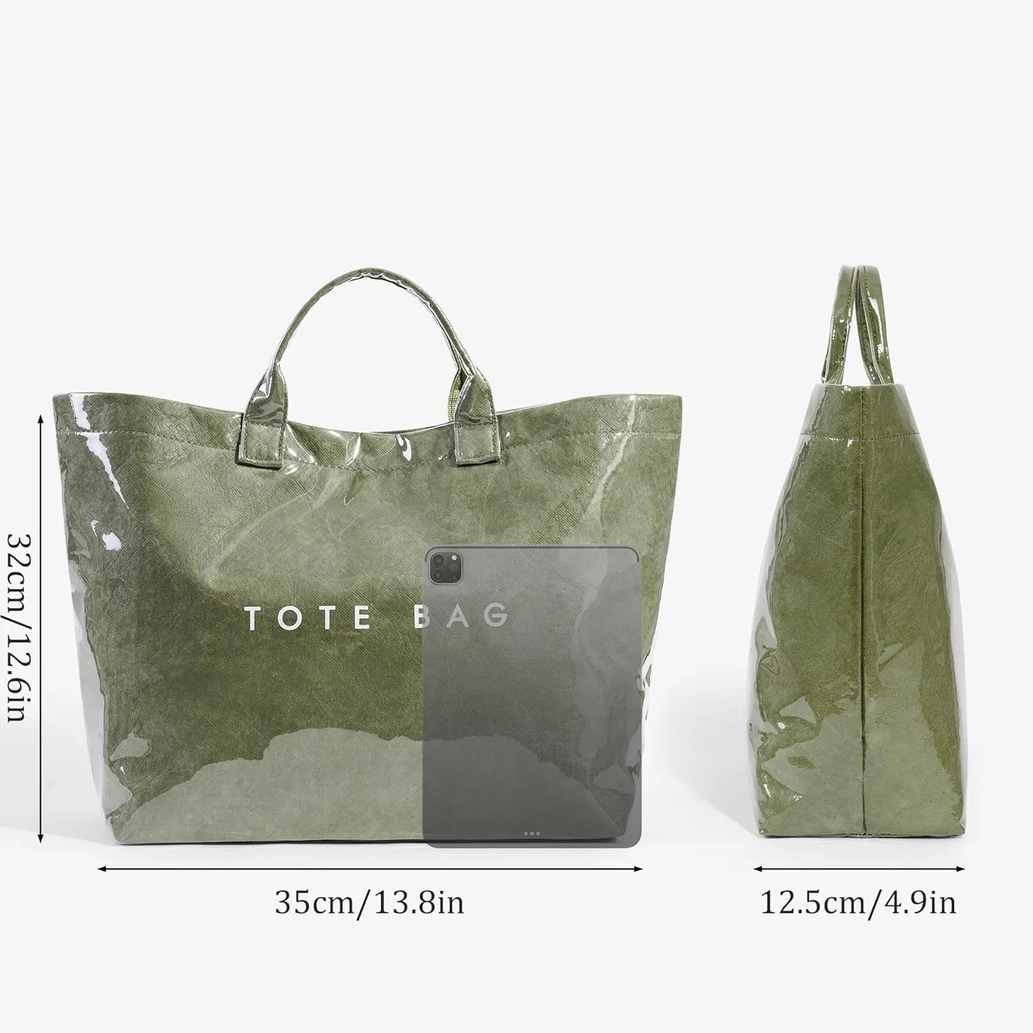 Lushandy PVC Tote Bag Women's Letters Print Large Kraft Paper Carry All Bag Top Handle Clear Hobo Handbag