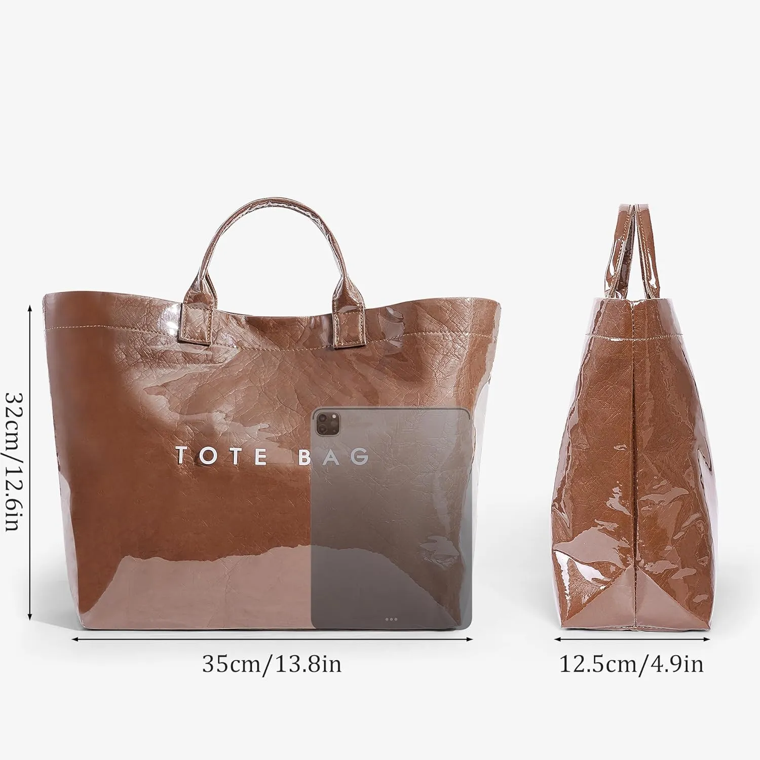 Lushandy PVC Tote Bag Women's Letters Print Large Kraft Paper Carry All Bag Top Handle Clear Hobo Handbag