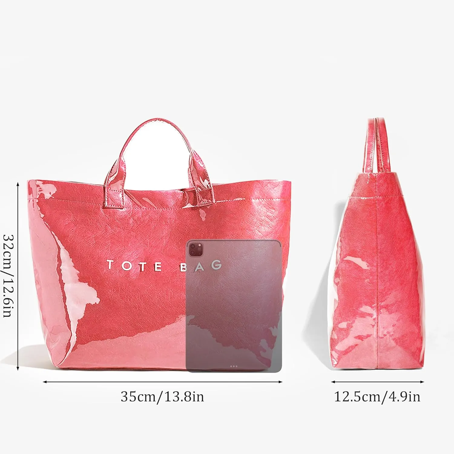Lushandy PVC Tote Bag Women's Letters Print Large Kraft Paper Carry All Bag Top Handle Clear Hobo Handbag