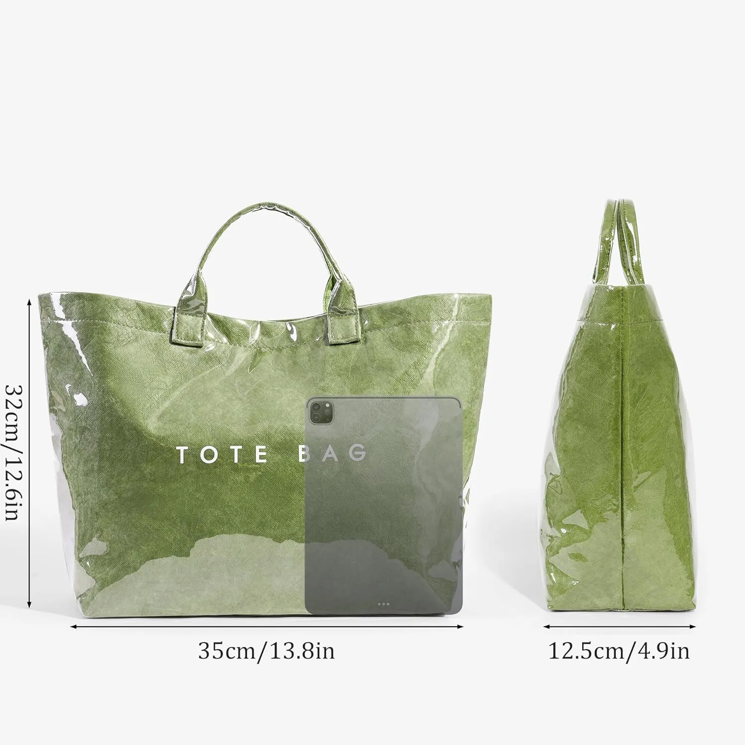 Lushandy PVC Tote Bag Women's Letters Print Large Kraft Paper Carry All Bag Top Handle Clear Hobo Handbag