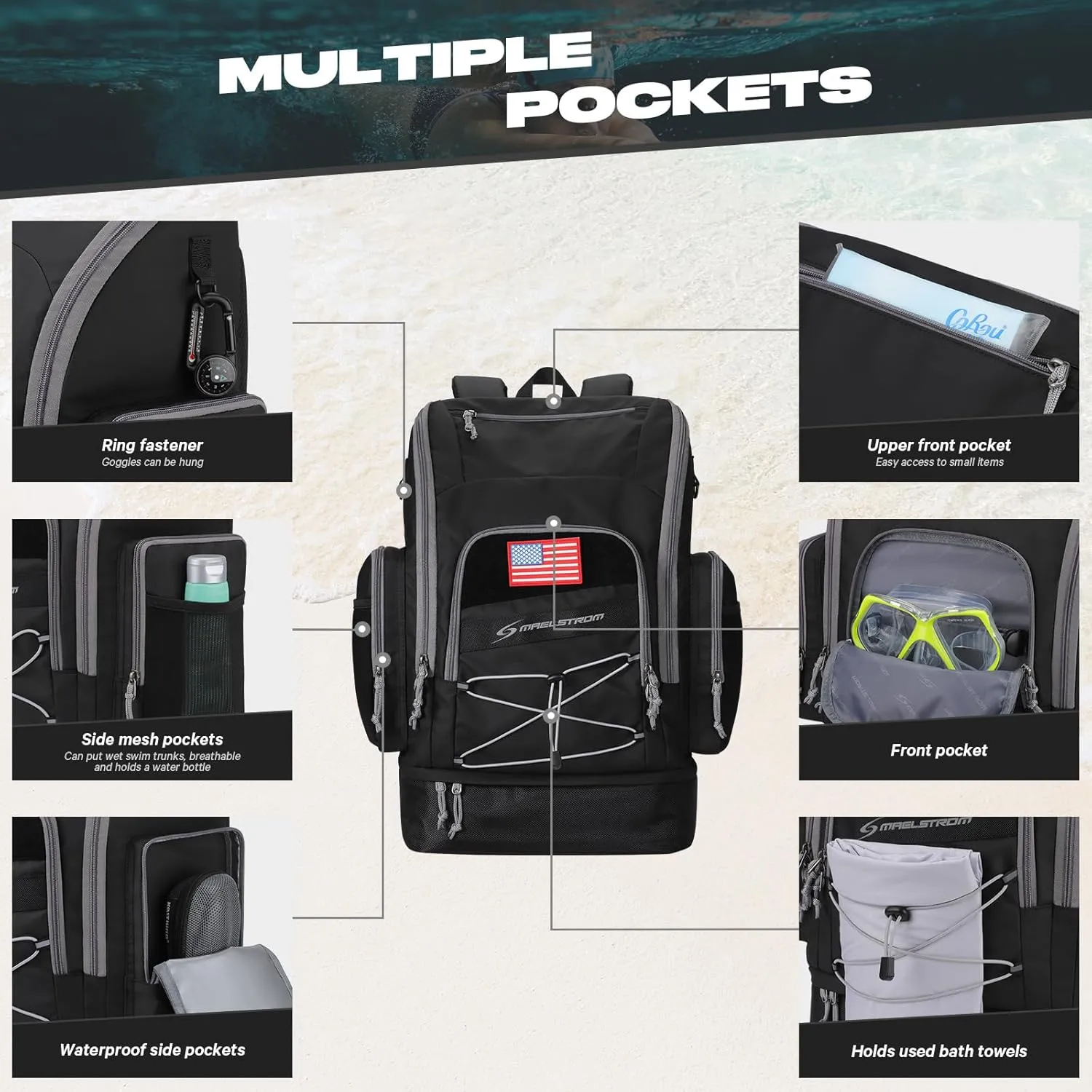 Maelstrom Swim Backpack,35L Swimming bag with Separate Shoes Compartment,Swim Gear Bag,Athlete Gym Rucksack for Men and Women