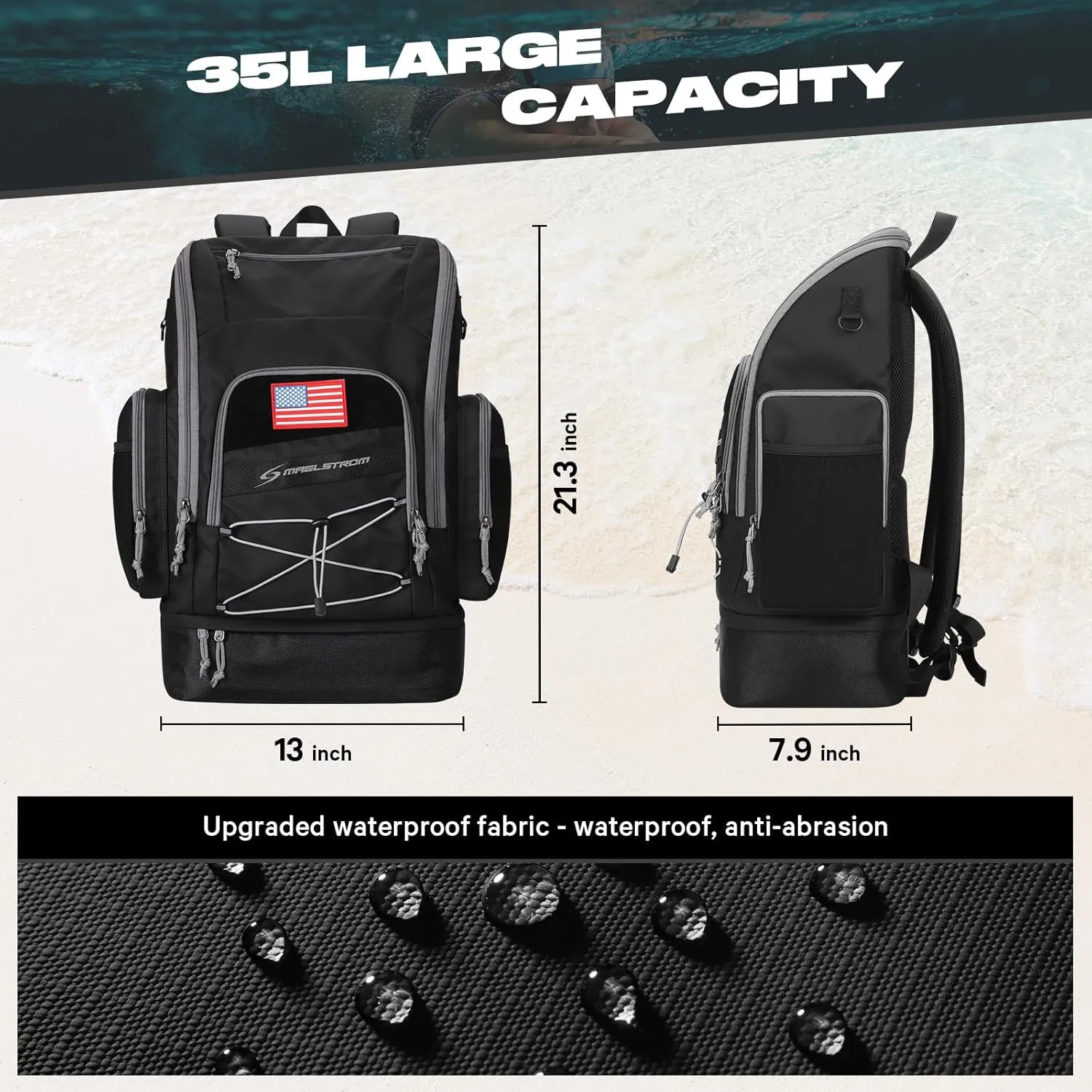 Maelstrom Swim Backpack,35L Swimming bag with Separate Shoes Compartment,Swim Gear Bag,Athlete Gym Rucksack for Men and Women