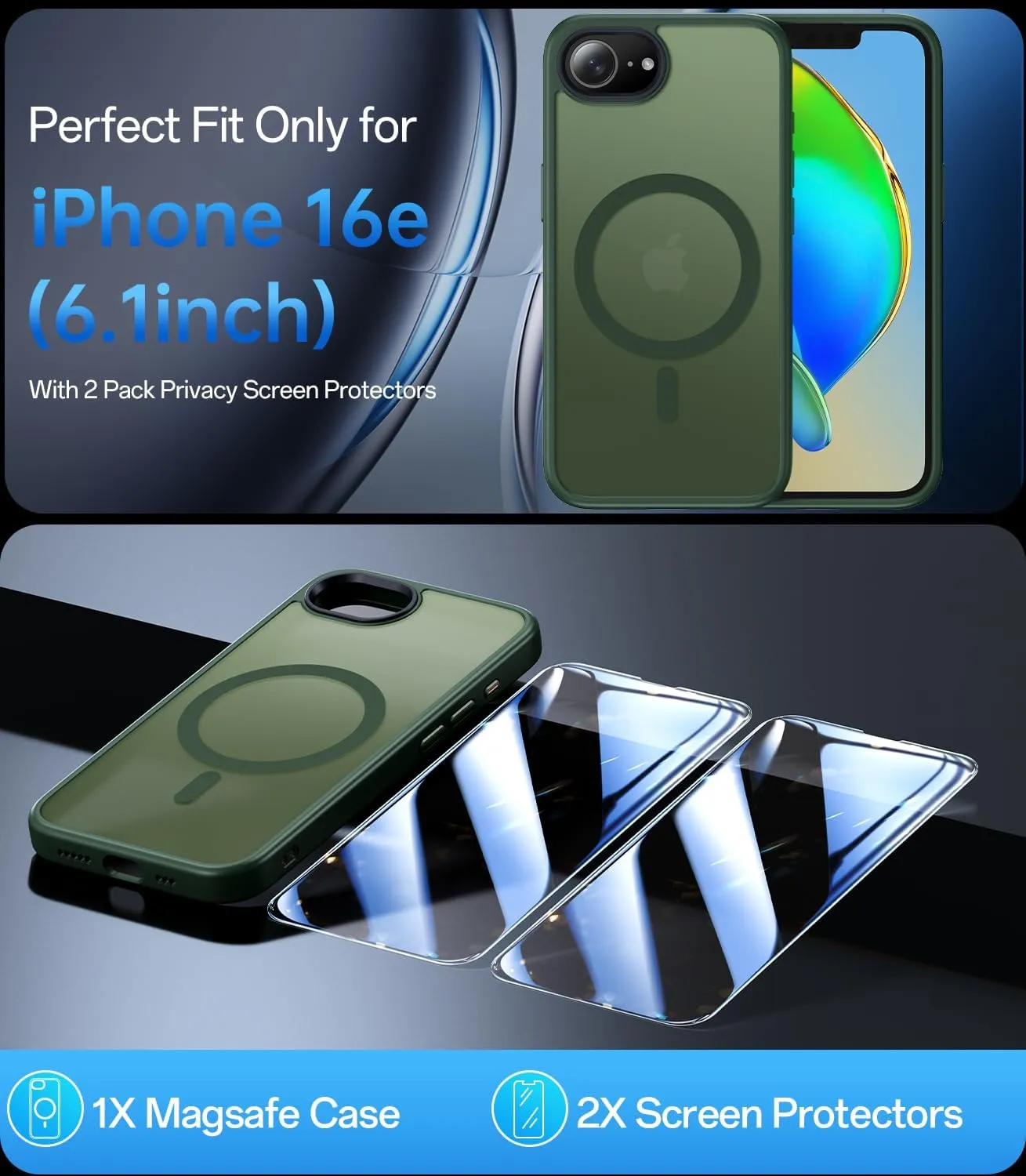 Magnetic Case Designed for iPhone 16e (6.1 inch), [with 2X Clear Screen Protectors][Compatible with MagSafe], Military-Grade Protection, Shockproof Protective Case for iPhone SE 4th (2025), Green