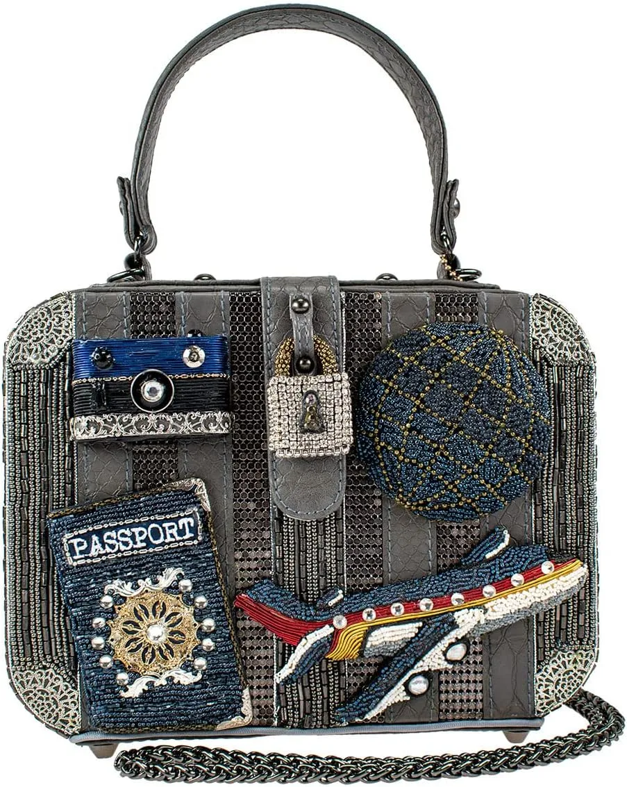Mary Frances Mile High Beaded Travel Theme Top Handle Crossbody Handbag, Grey