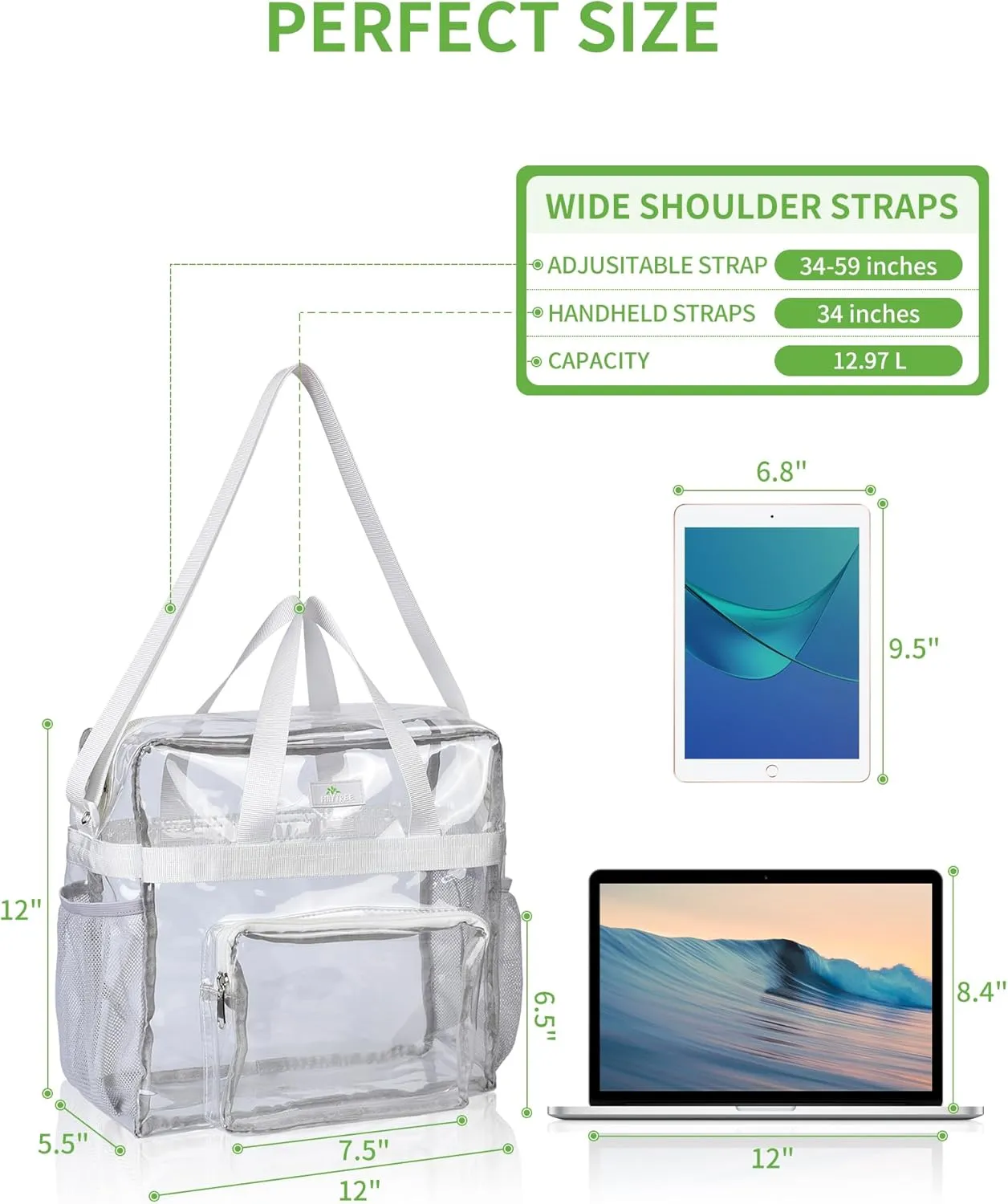 MAY TREE Clear Bag for Stadium Events 12×6×12 Clear Tote Lunch Bag with Reinforced Straps for Work and Sporting Events, White
