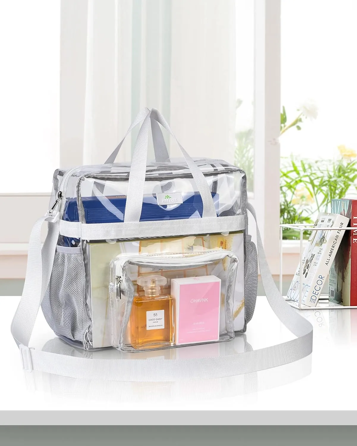 MAY TREE Clear Bag for Stadium Events 12×6×12 Clear Tote Lunch Bag with Reinforced Straps for Work and Sporting Events, White