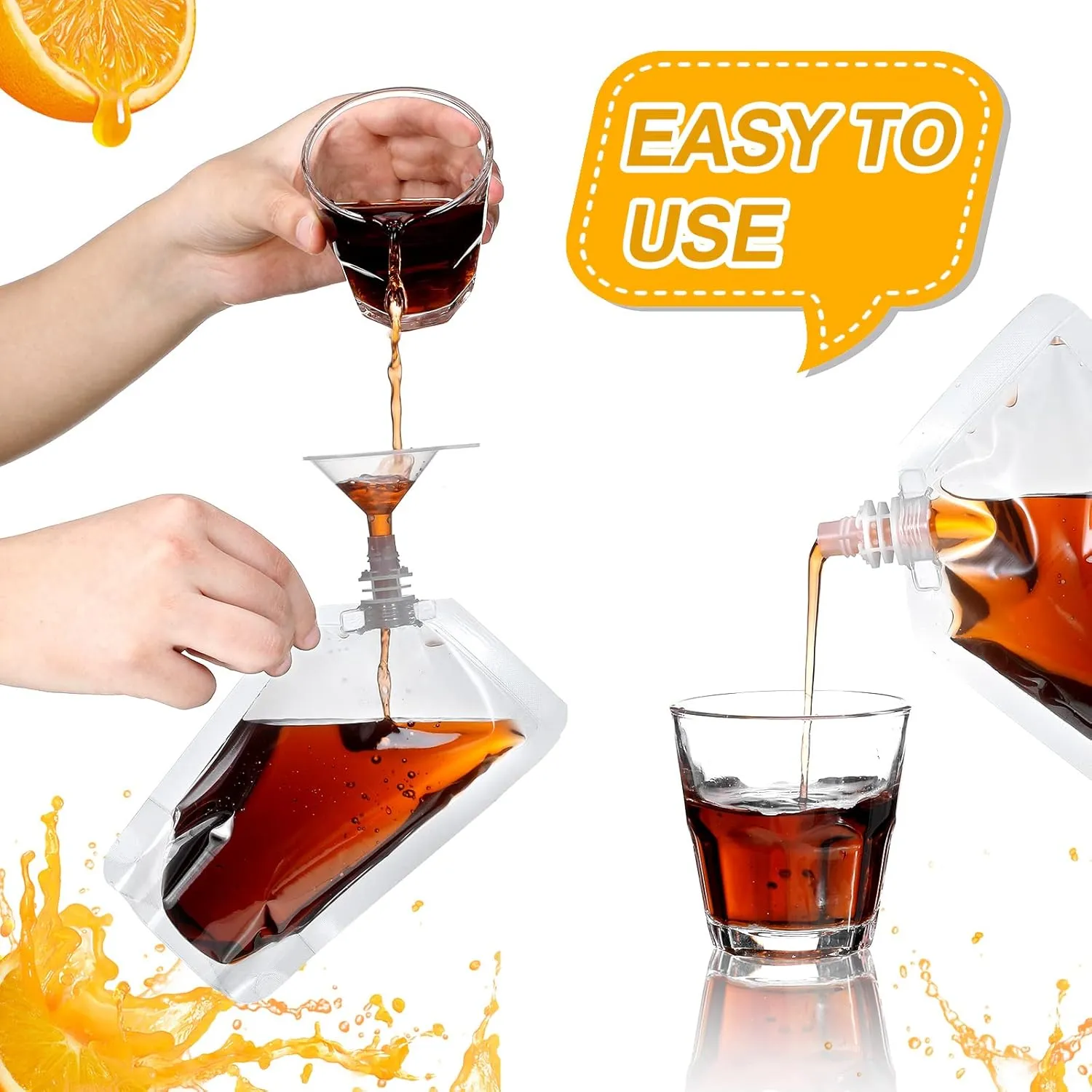 Meanplan 100 Pcs Plastic Pouches Bulk Reusable Squeeze Pouches Clear Juice Drink Bags Leak Proof with Funnel for Adults Travel Beverage Women Men(8 oz,Inclined Mouth)