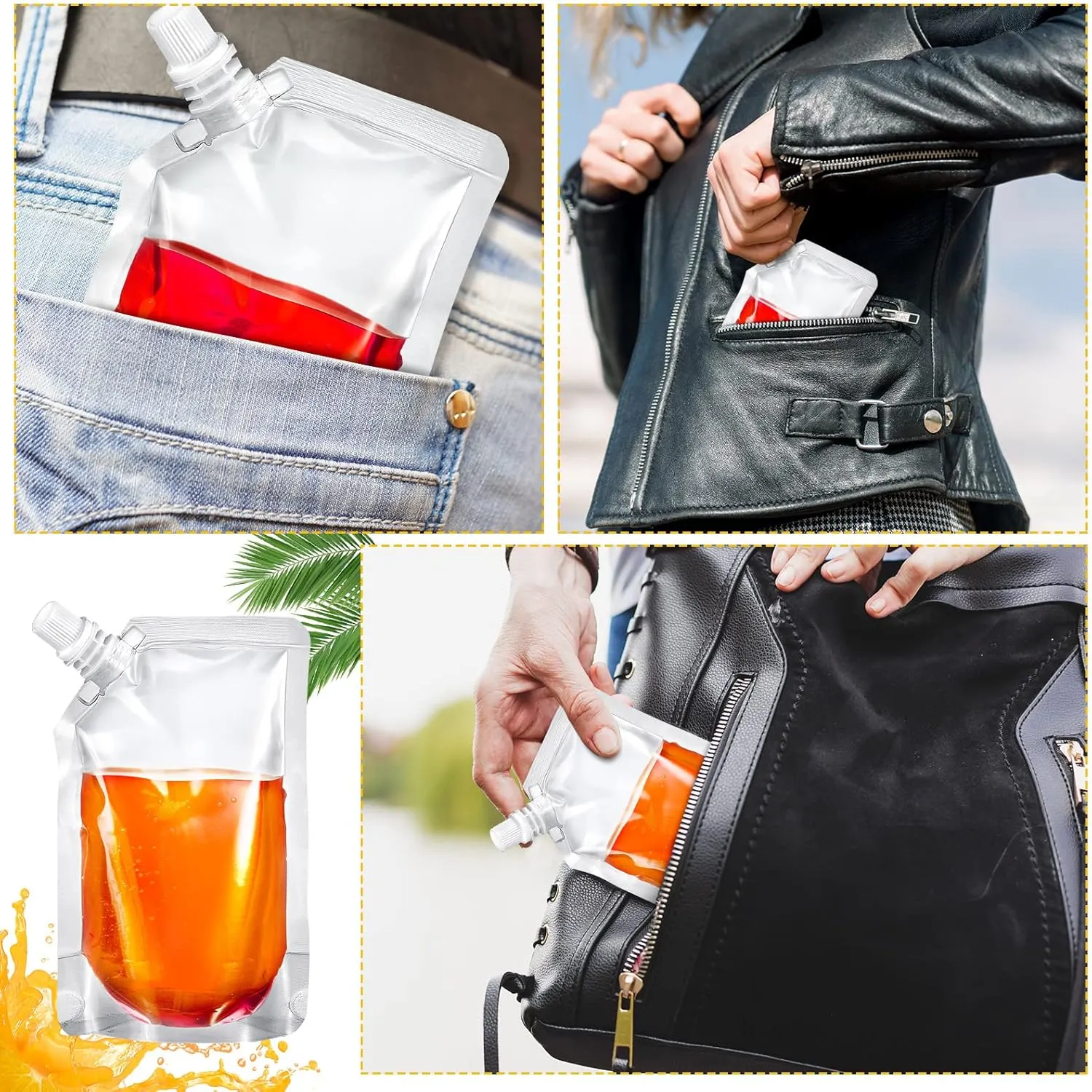 Meanplan 100 Pcs Plastic Pouches Bulk Reusable Squeeze Pouches Clear Juice Drink Bags Leak Proof with Funnel for Adults Travel Beverage Women Men(8 oz,Inclined Mouth)