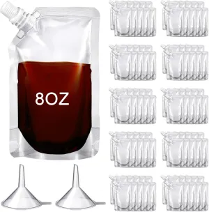Meanplan 100 Pcs Plastic Pouches Bulk Reusable Squeeze Pouches Clear Juice Drink Bags Leak Proof with Funnel for Adults Travel Beverage Women Men(8 oz,Inclined Mouth)