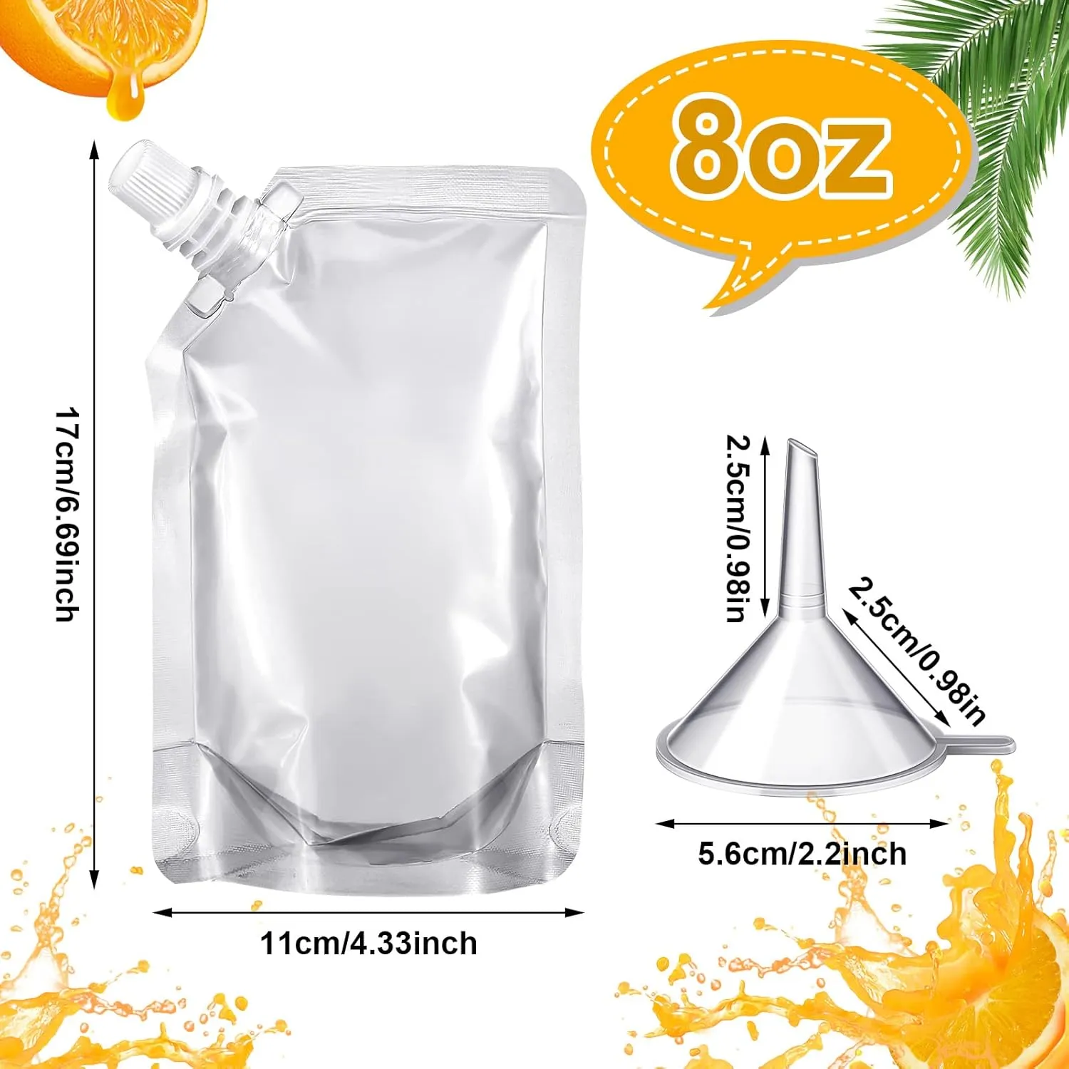 Meanplan 100 Pcs Plastic Pouches Bulk Reusable Squeeze Pouches Clear Juice Drink Bags Leak Proof with Funnel for Adults Travel Beverage Women Men(8 oz,Inclined Mouth)
