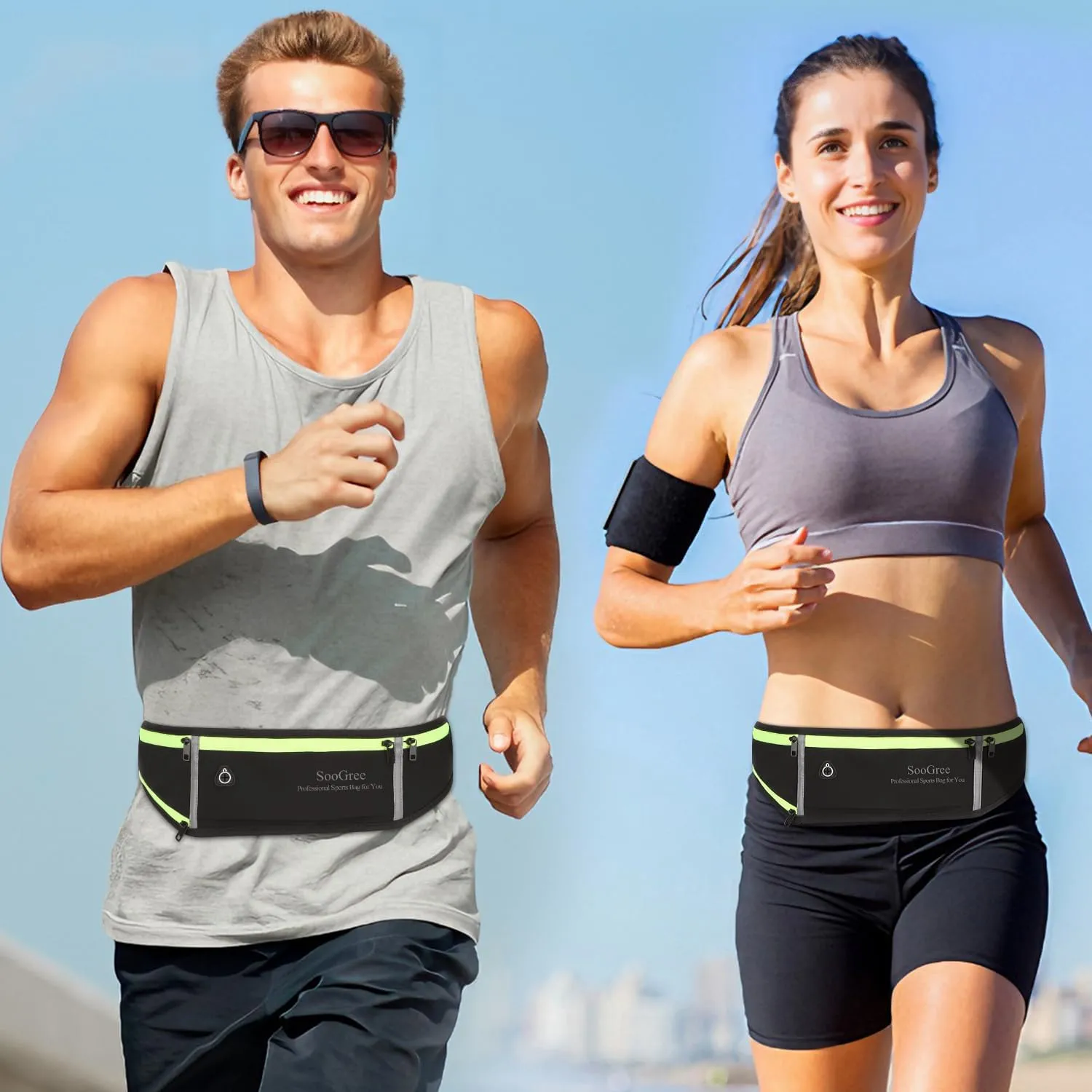 Men Women Running Belt Fanny Pack,Reflective Workout Sport Waist Pack Bag,Running Phone Holder Belt with Water Bottle Holder, Ideal for Running,Walking,Cycling,Gym Workouts (GSP1189-Black)