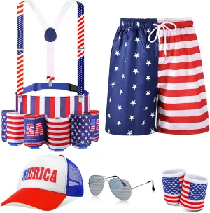 Mepase Men's 4th of July Outfits Patriotic Fanny Pack Beer Belt Flag Pants Sweat Bands for National Day Accessories(L)