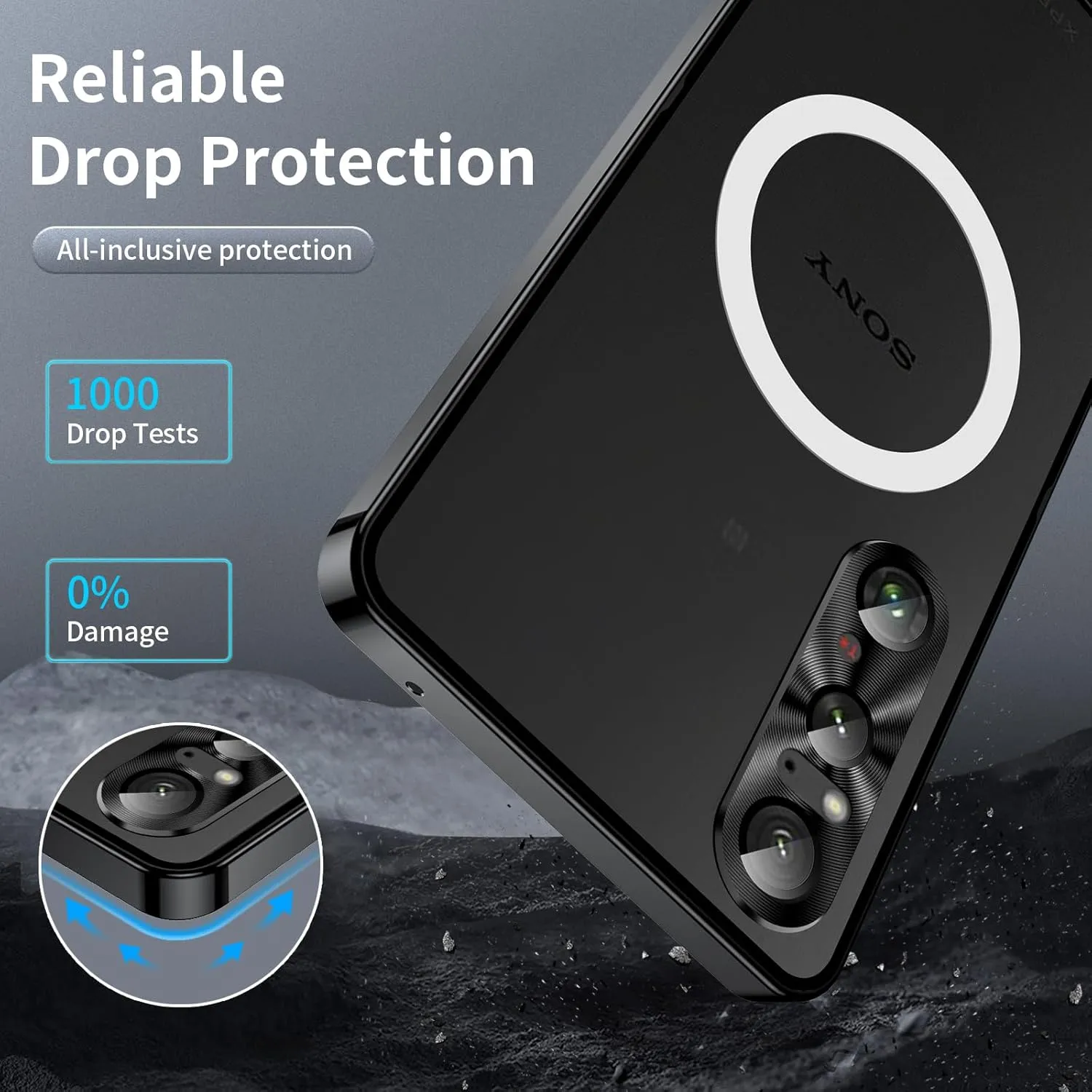 Metal Case for Sony Xperia 1 V (2023), Military-Grade Metal Bumper Shockproof Translucent Cover Matte PC Back Cover with Magnetic Wireless Chager Camera Lens Protection for Sony Xperia 1 V (Black)