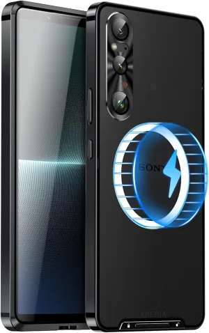 Metal Case for Sony Xperia 1 V (2023), Military-Grade Metal Bumper Shockproof Translucent Cover Matte PC Back Cover with Magnetic Wireless Chager Camera Lens Protection for Sony Xperia 1 V (Black)