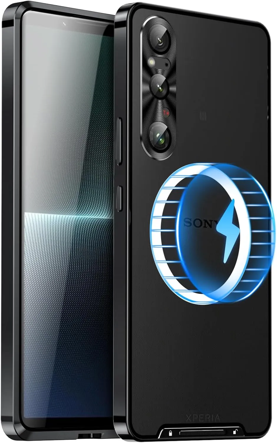 Metal Case for Sony Xperia 1 V (2023), Military-Grade Metal Bumper Shockproof Translucent Cover Matte PC Back Cover with Magnetic Wireless Chager Camera Lens Protection for Sony Xperia 1 V (Black)