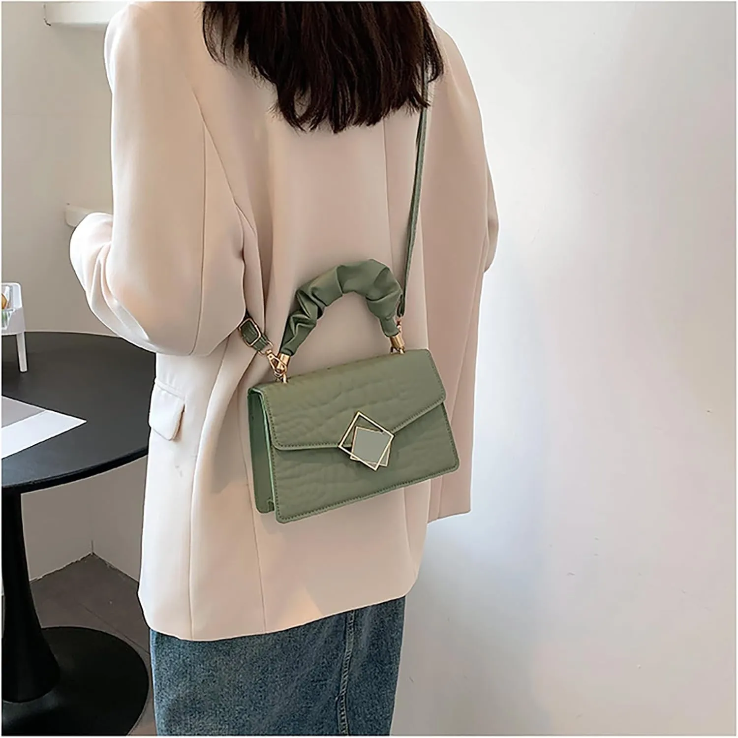Metal Detail Top Handle Square Bag Textured Small Totes Cross Body Bag for Women