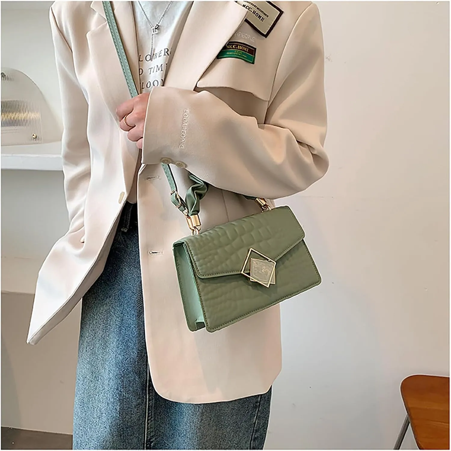 Metal Detail Top Handle Square Bag Textured Small Totes Cross Body Bag for Women