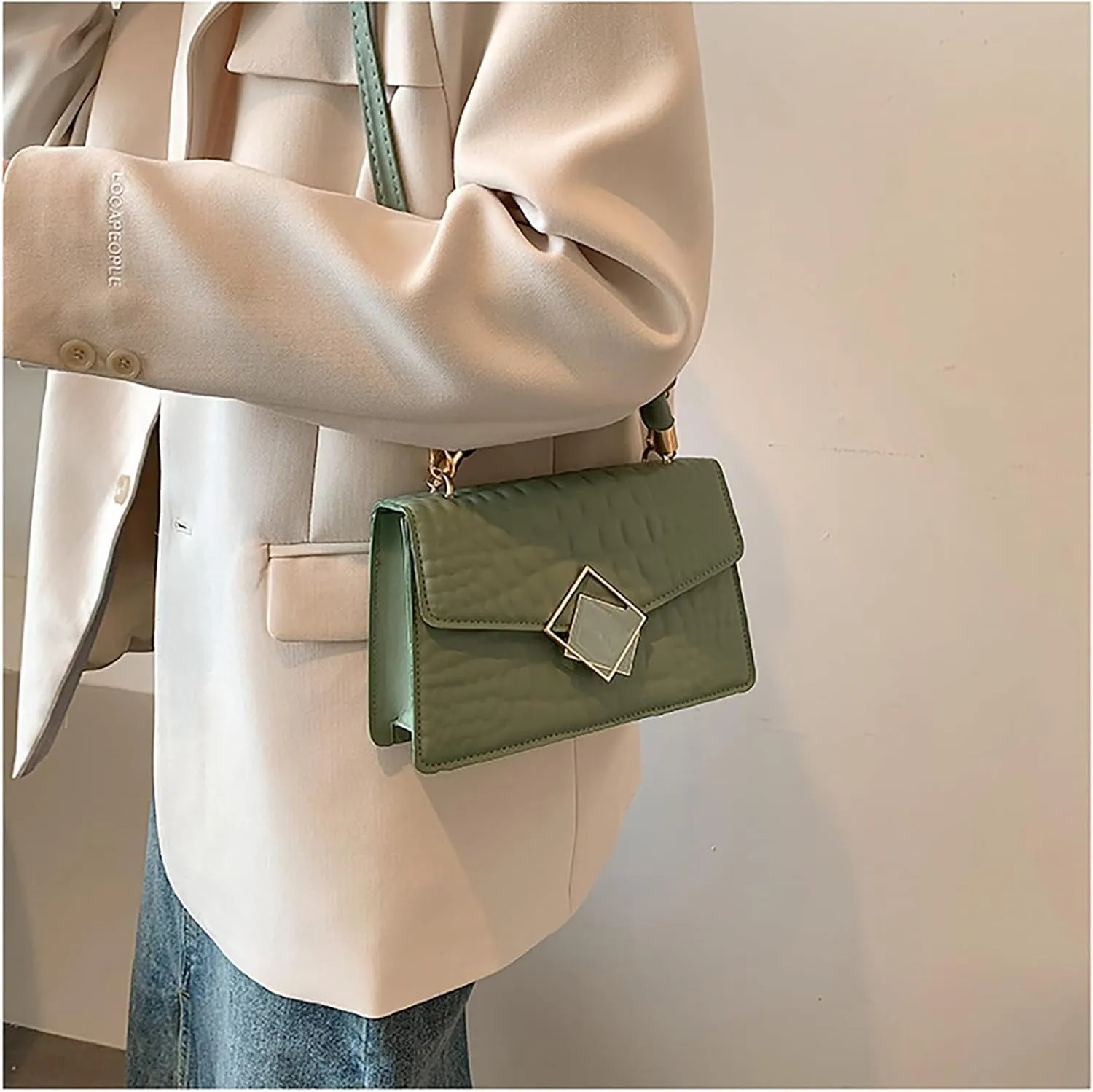 Metal Detail Top Handle Square Bag Textured Small Totes Cross Body Bag for Women