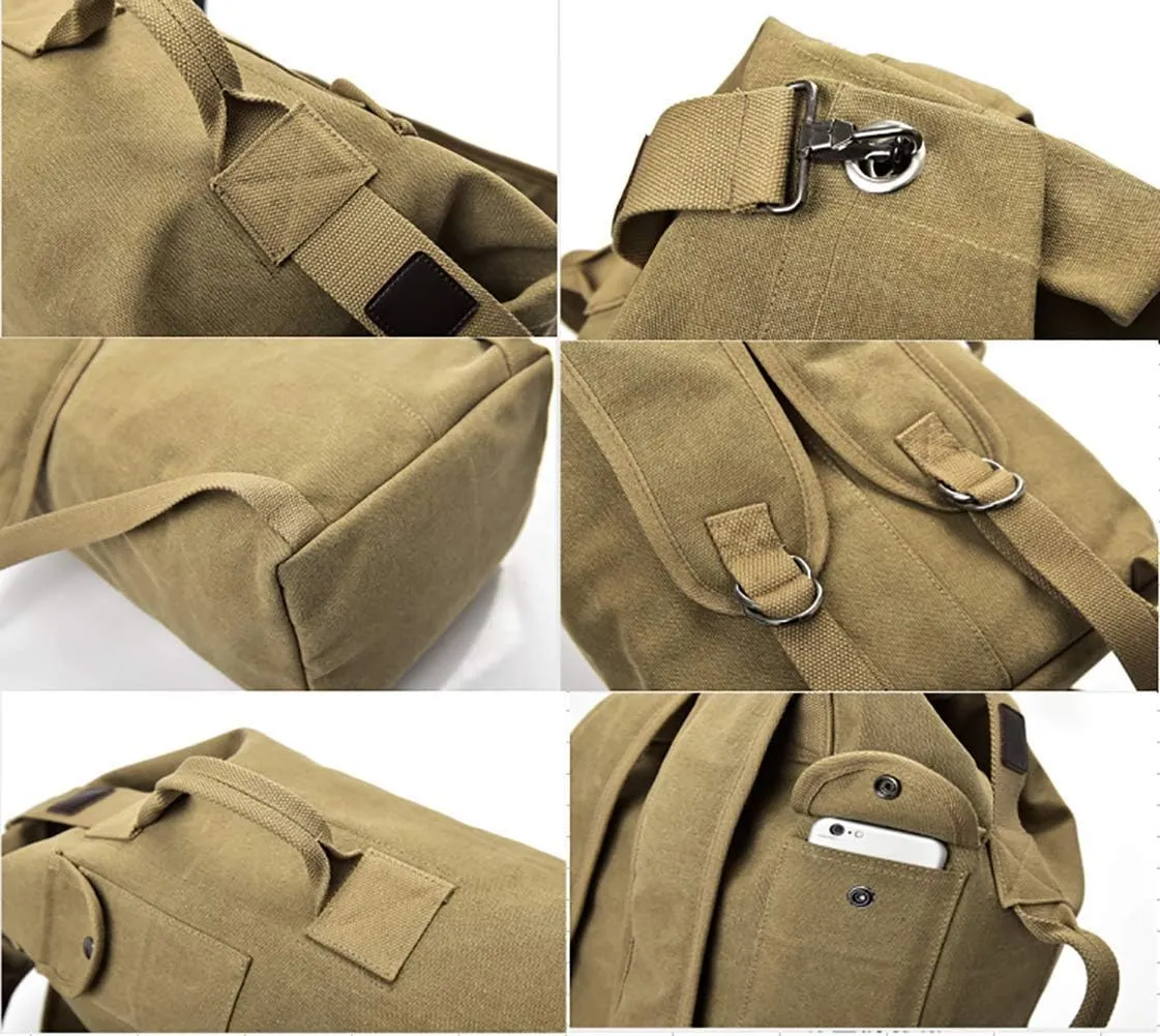 Military Duffel Bag Top Load Double Strap Canvas Backpack Army Travel (upgrade khaki small)