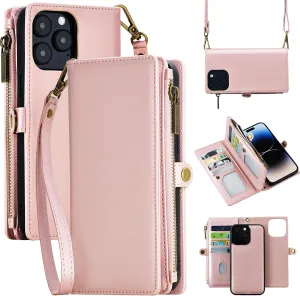 MInCYB for iPhone 15 Pro Wallet Case with Card Holder (12 Card Slots) - PU Leather Case for Women & Men, Wireless Charging, Detachable Magnetic, Crossbody Strap, Shockproof Protective Phone Case.