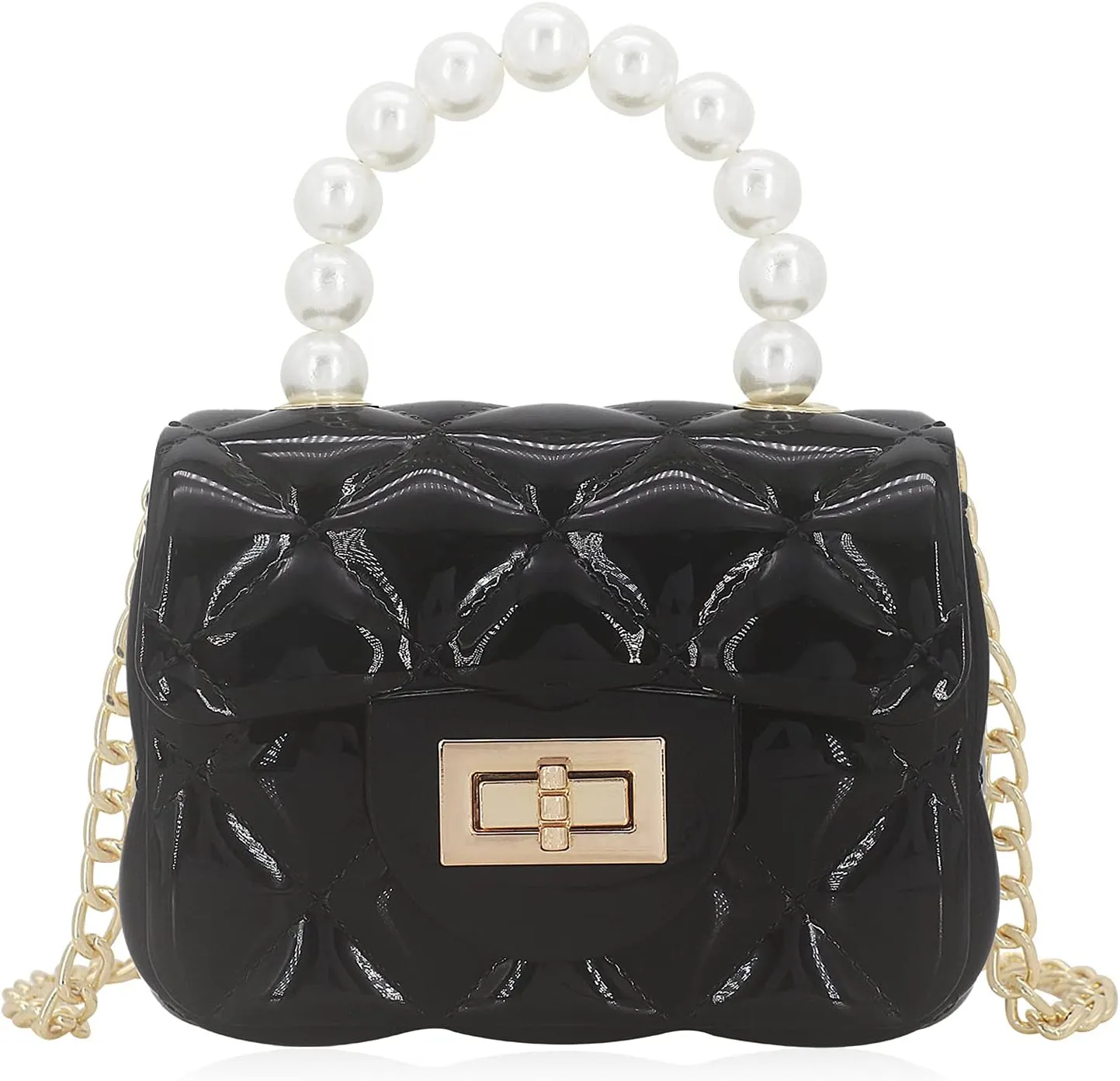 Mini Jelly Purse Flap Handbag with Pearls Top Handle Faux Quilted Crossbody Bag