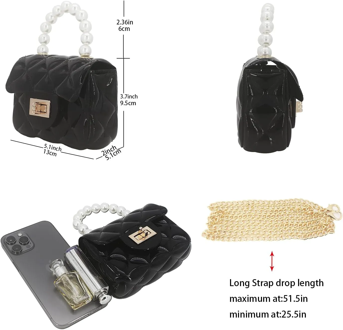 Mini Jelly Purse Flap Handbag with Pearls Top Handle Faux Quilted Crossbody Bag
