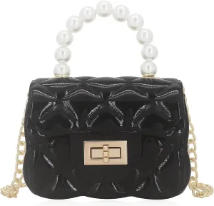 Mini Jelly Purse Flap Handbag with Pearls Top Handle Faux Quilted Crossbody Bag